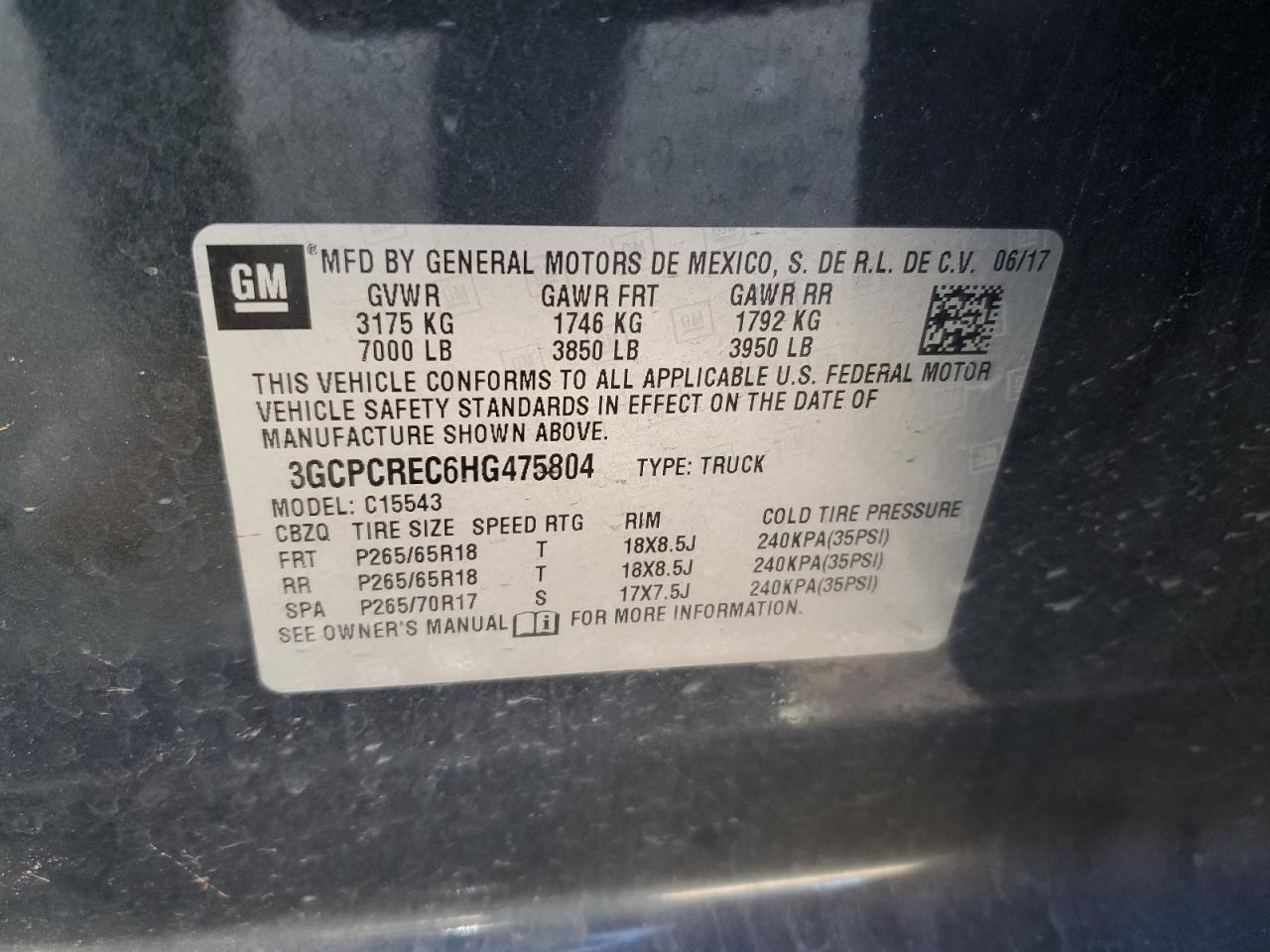 2017 Chevrolet Silverado VIN 3GCPCREC6HG475804 Copart auction photo, rollover damage thumbnail 14