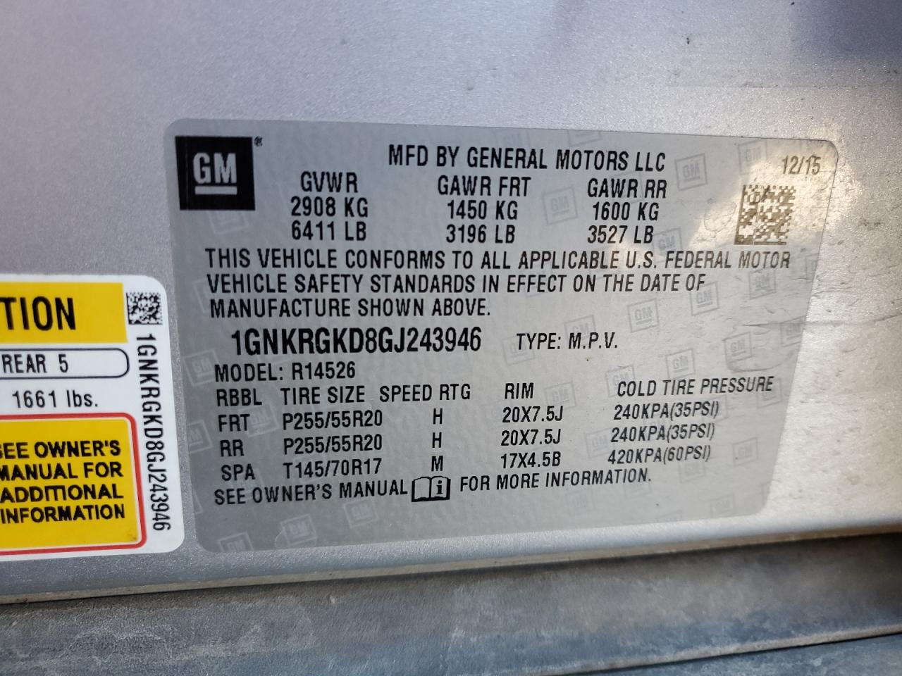 2016 Chevrolet Traverse VIN 1GNKRGKD8GJ243946 Copart auction photo, front end damage thumbnail 14