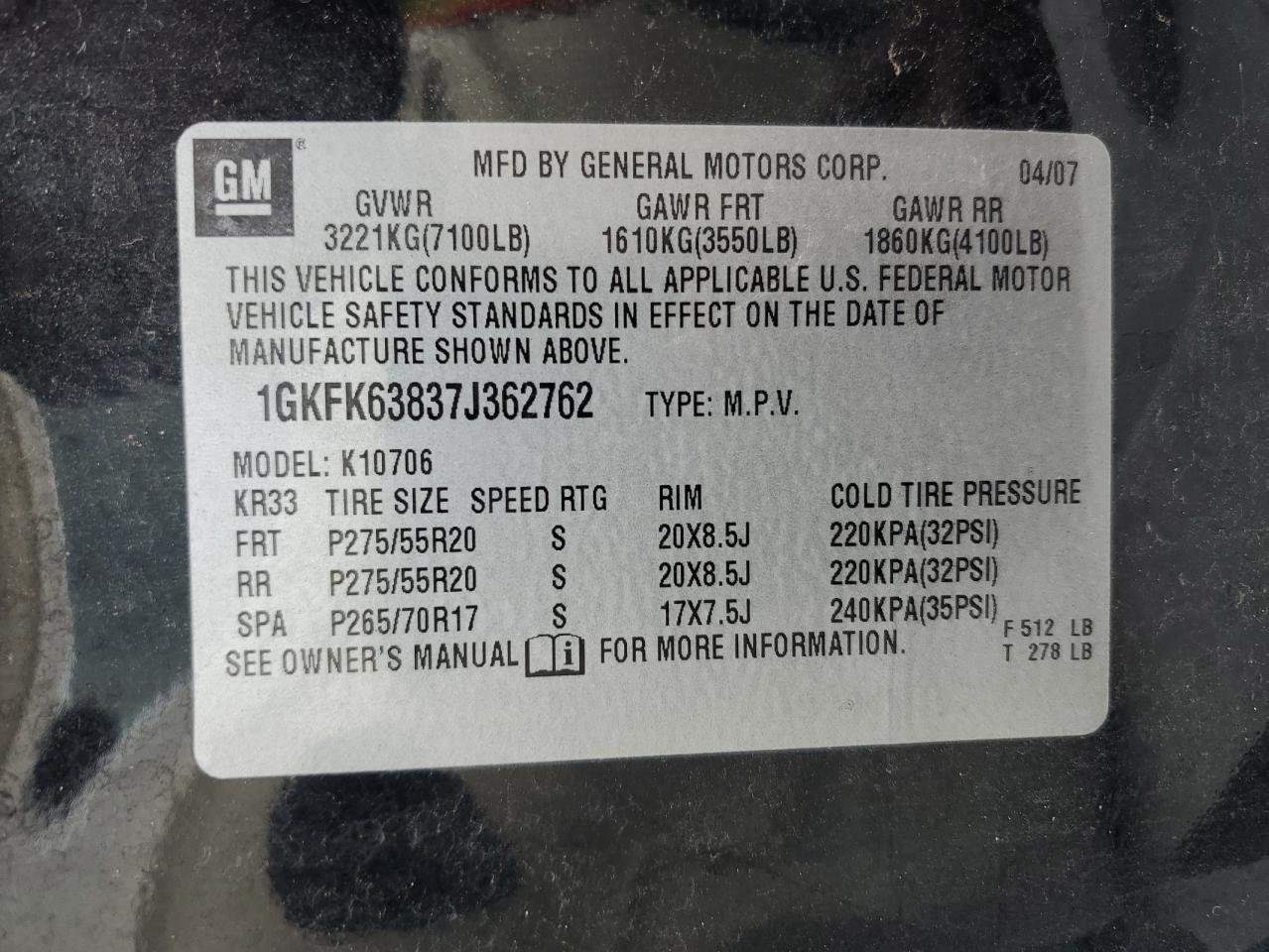 2007 GMC Yukon VIN 1GKFK63837J362762 Copart auction photo, vandalism damage thumbnail 13