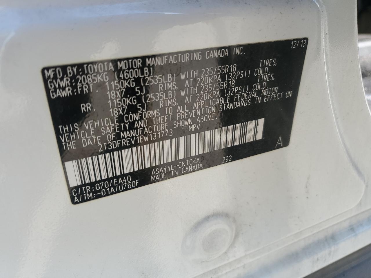 2014 Toyota RAV 4 VIN 2T3DFREV1EW131773 Copart auction photo, front end damage thumbnail 13