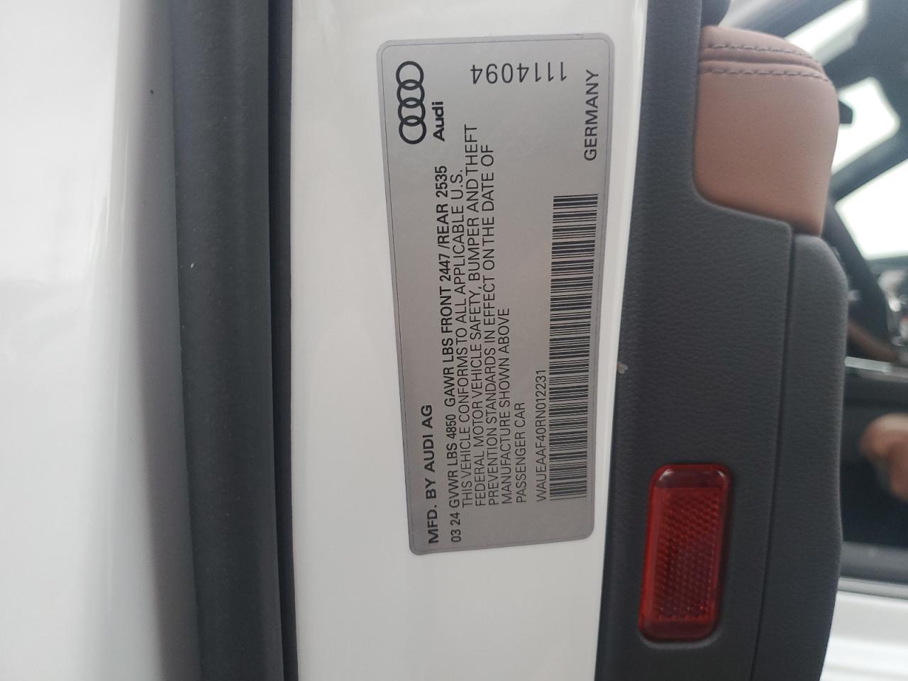 2024 Audi A4 VIN WAUEAAF40RN012231 Copart auction photo, rear end / side damage thumbnail 14