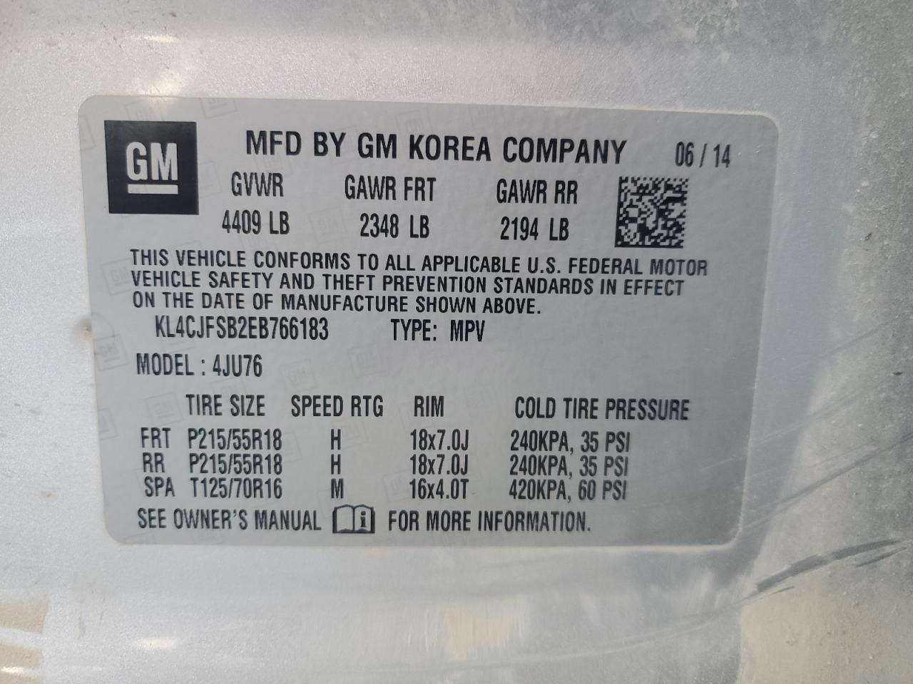 2014 Buick Encore VIN KL4CJFSB2EB766183 Copart auction photo, side / front end damage thumbnail 12