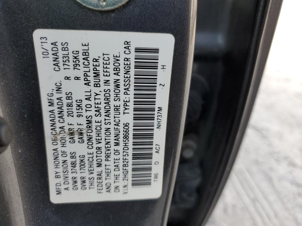 2013 Honda Civic VIN 2HGFB2F57DH586606 Copart auction photo, rear end damage thumbnail 12