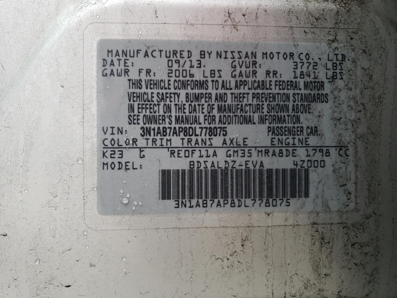 2013 Nissan Sentra VIN 3N1AB7AP8DL778075 Copart auction photo, front end / minor dent/scratches damage thumbnail 12