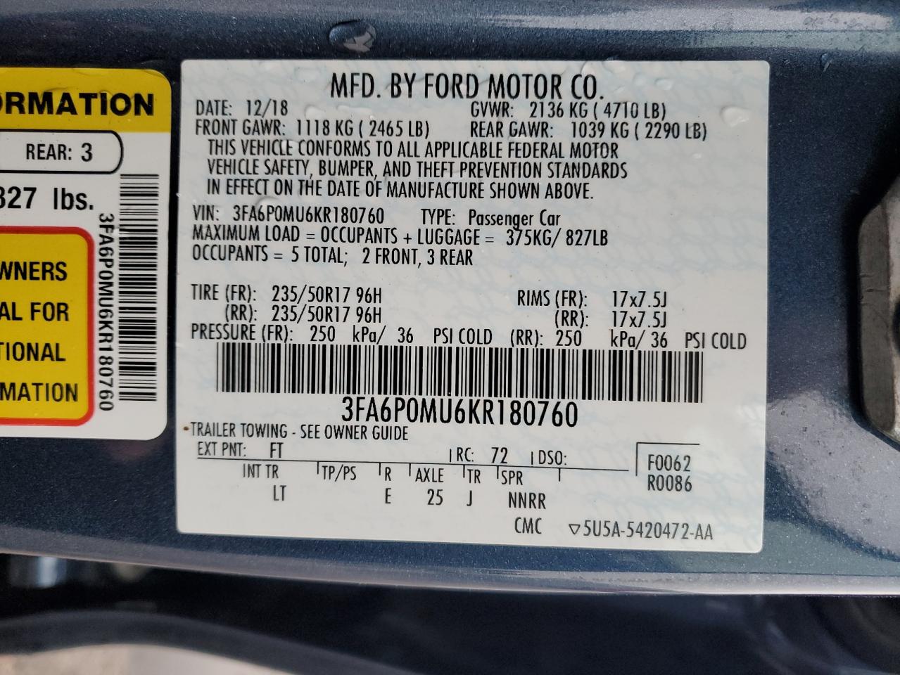2019 Ford Fusion VIN 3FA6P0MU6KR180760 Copart auction photo, front end / minor dent/scratches damage thumbnail 13