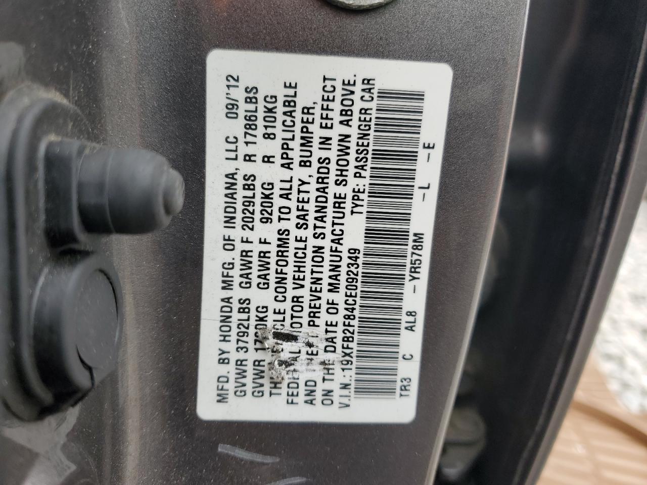 2012 Honda Civic VIN 19XFB2F84CE092349 Copart auction photo, front end damage thumbnail 13