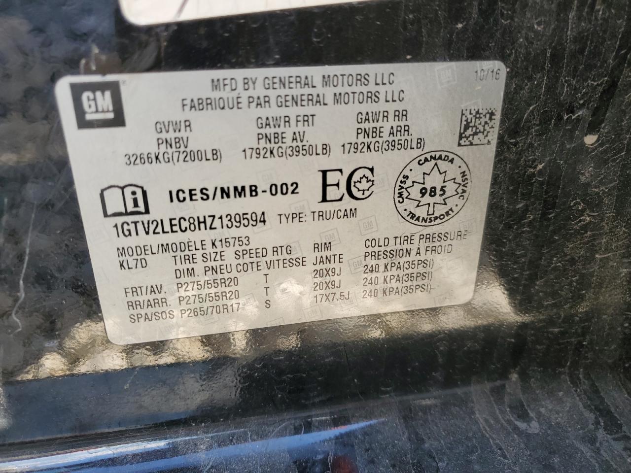2017 GMC Sierra VIN 1GTV2LEC8HZ139594 Copart auction photo, rear end damage thumbnail 13