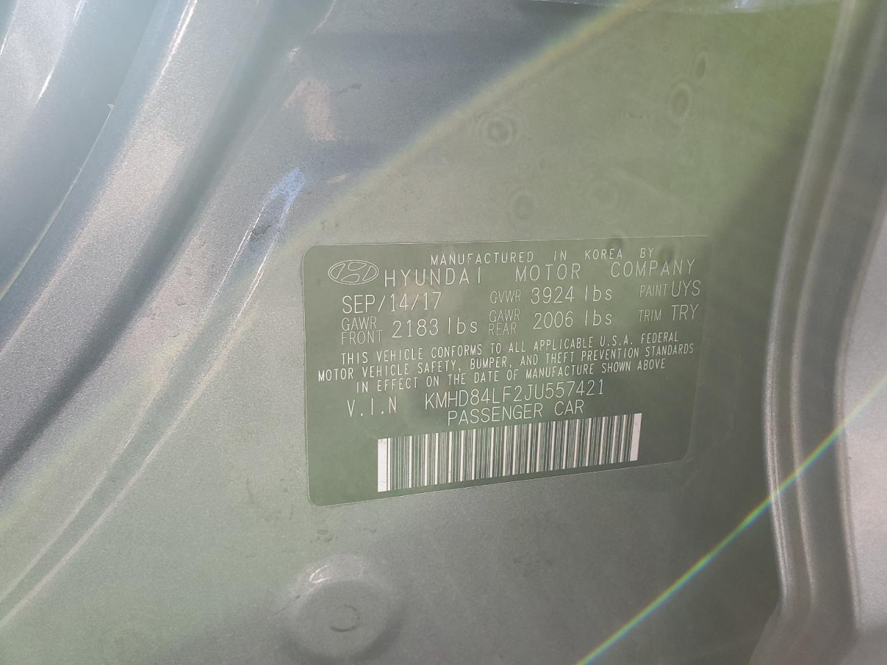 2018 Hyundai Elantra VIN KMHD84LF2JU557421 Copart auction photo, rear end damage thumbnail 12
