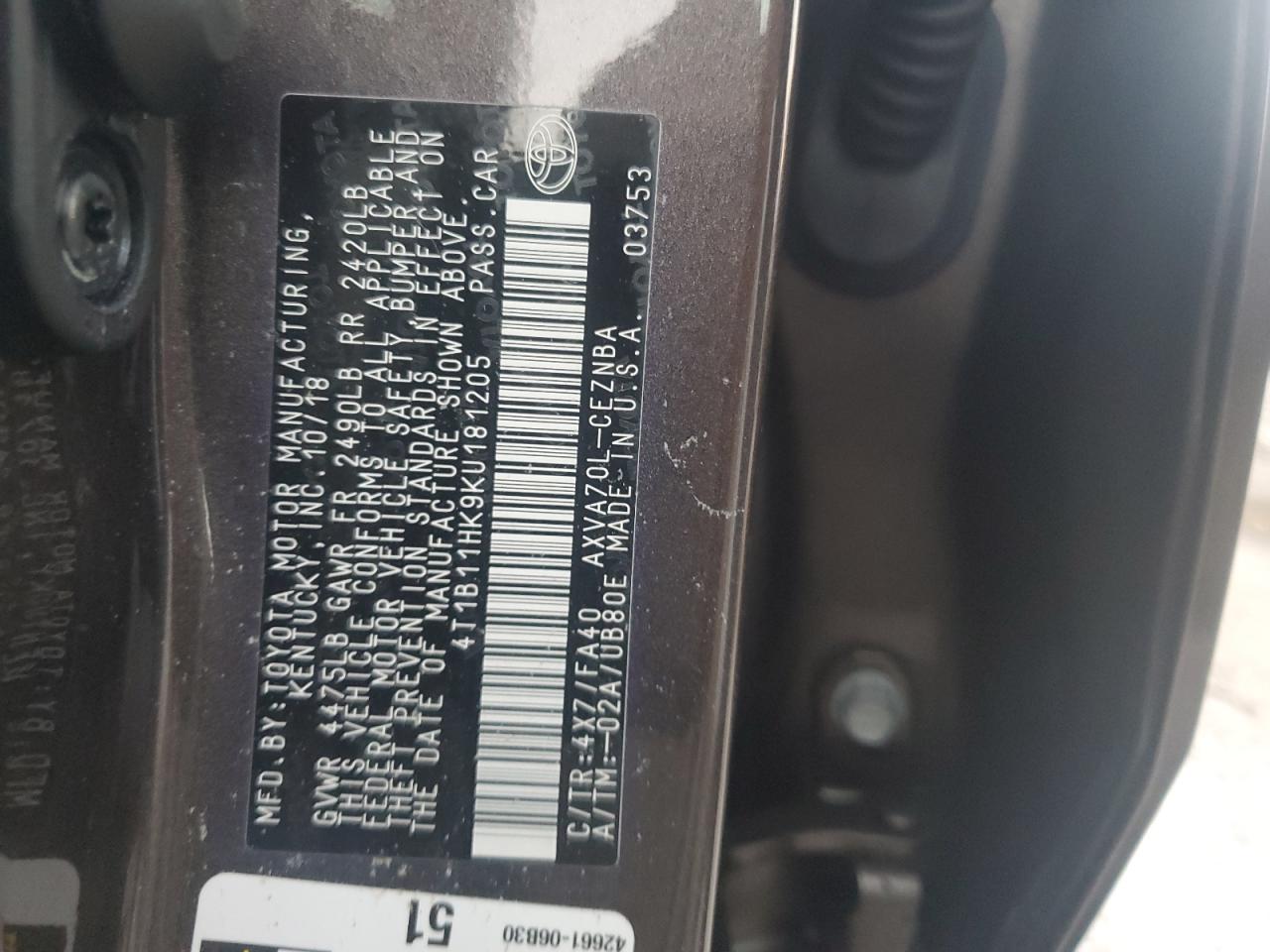 2019 Toyota Camry VIN 4T1B11HK9KU181205 Copart auction photo, water/flood damage thumbnail 13