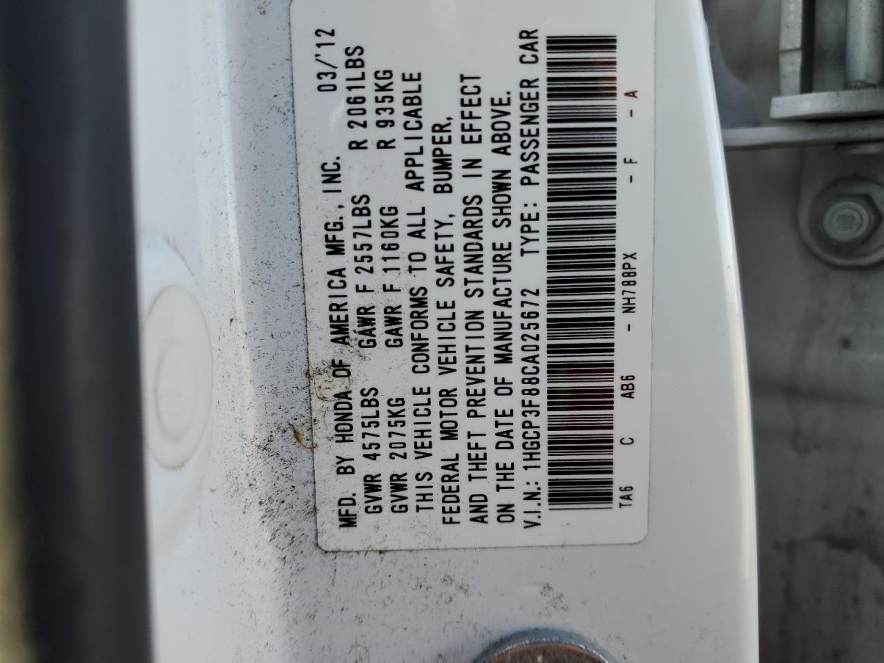2012 Honda Accord VIN 1HGCP3F88CA025672 Copart auction photo, rear end damage thumbnail 12