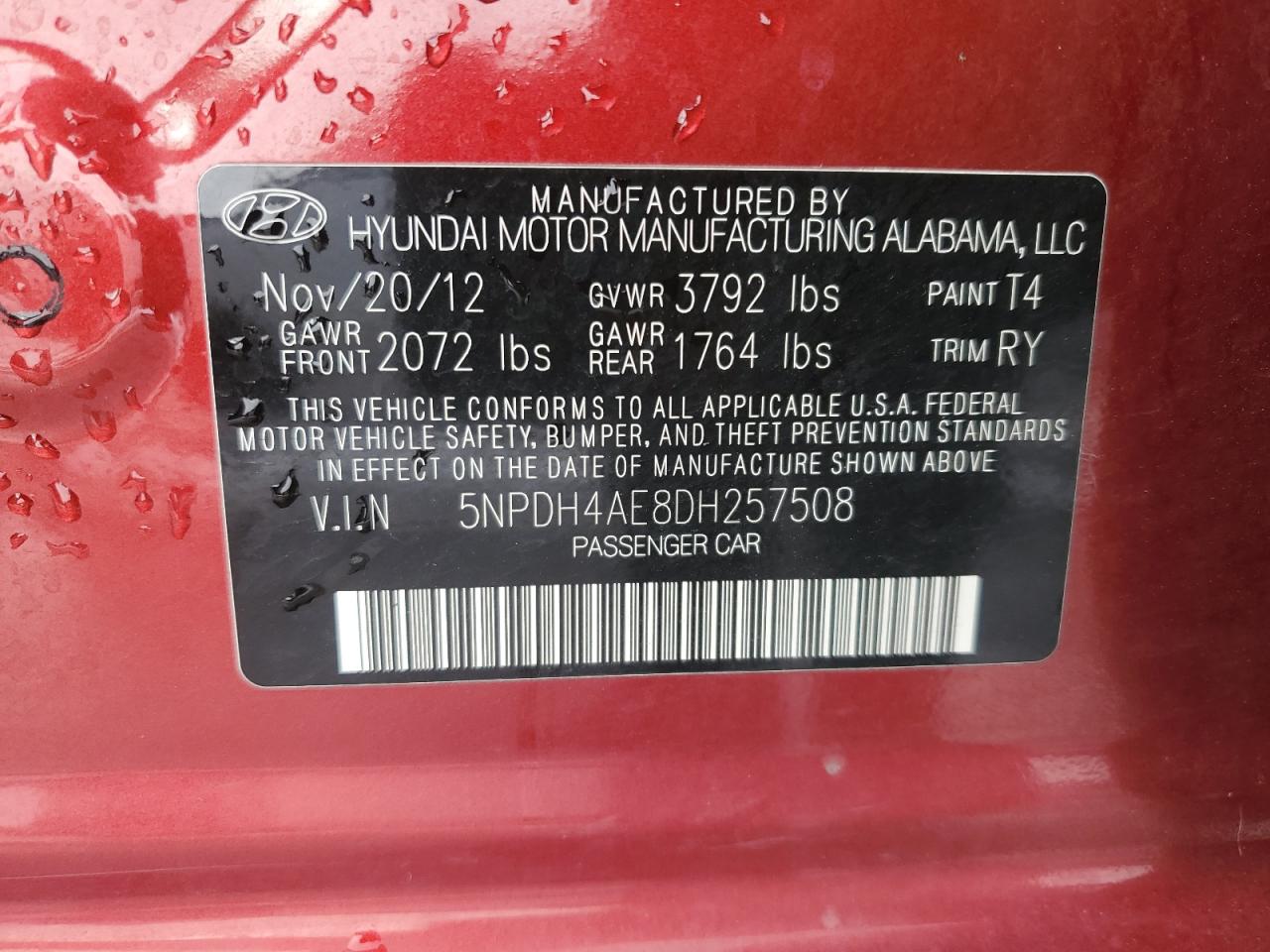 2013 Hyundai Elantra VIN 5NPDH4AE8DH257508 Copart auction photo, rear end damage thumbnail 12