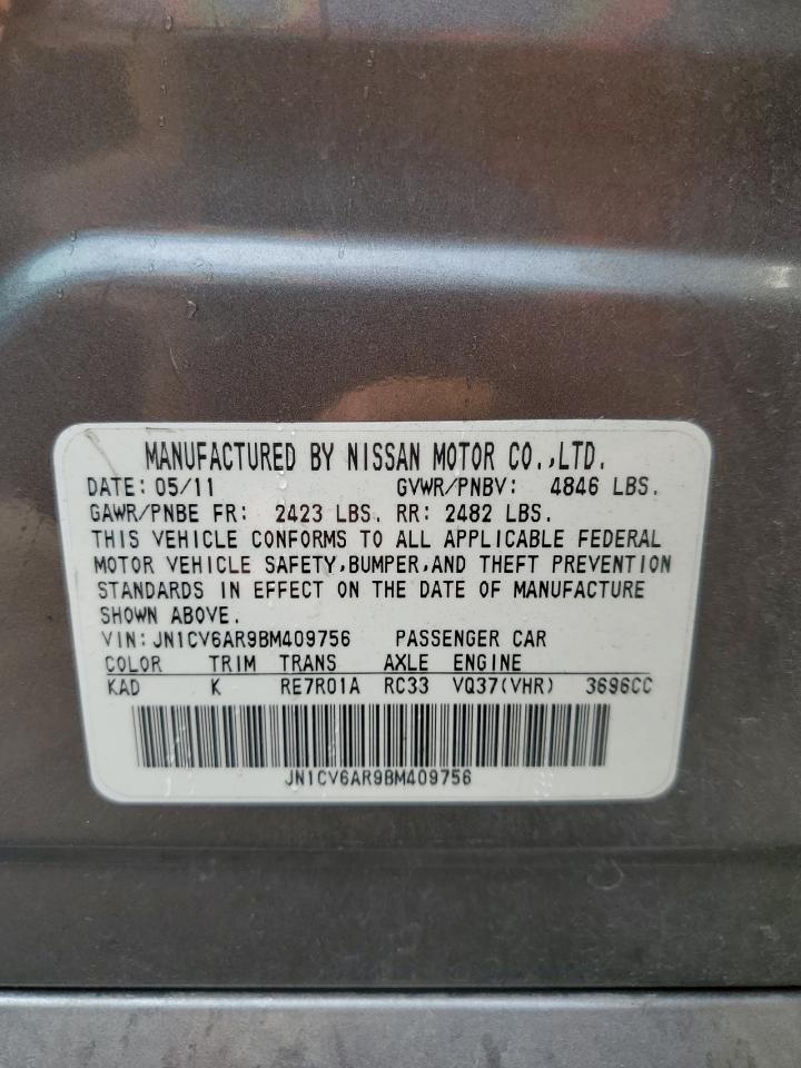 2011 Infiniti G VIN JN1CV6AR9BM409756 Copart auction photo, side damage thumbnail 12