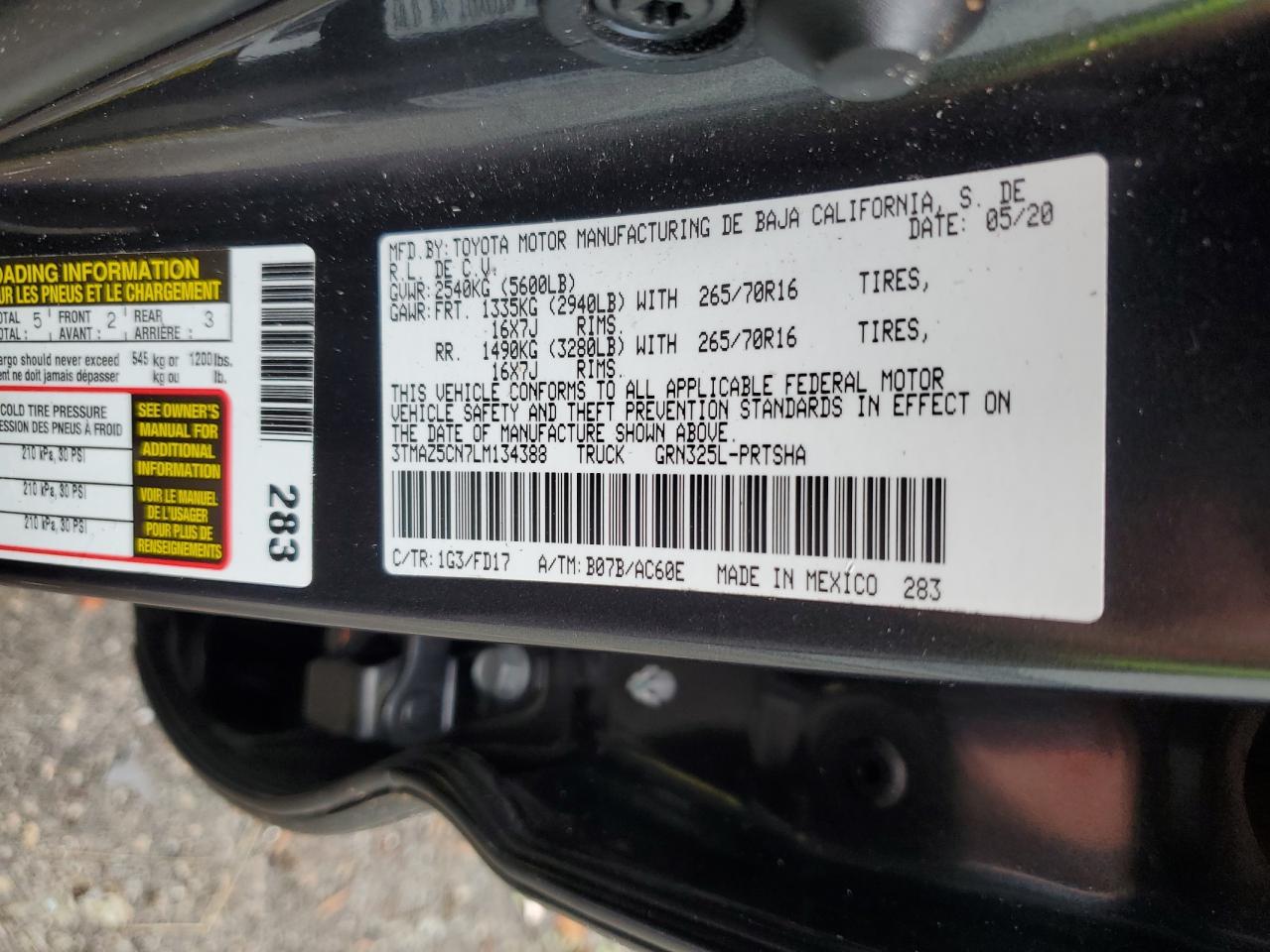 2020 Toyota Tacoma VIN 3TMAZ5CN7LM134388 Copart auction photo, top/roof damage thumbnail 12