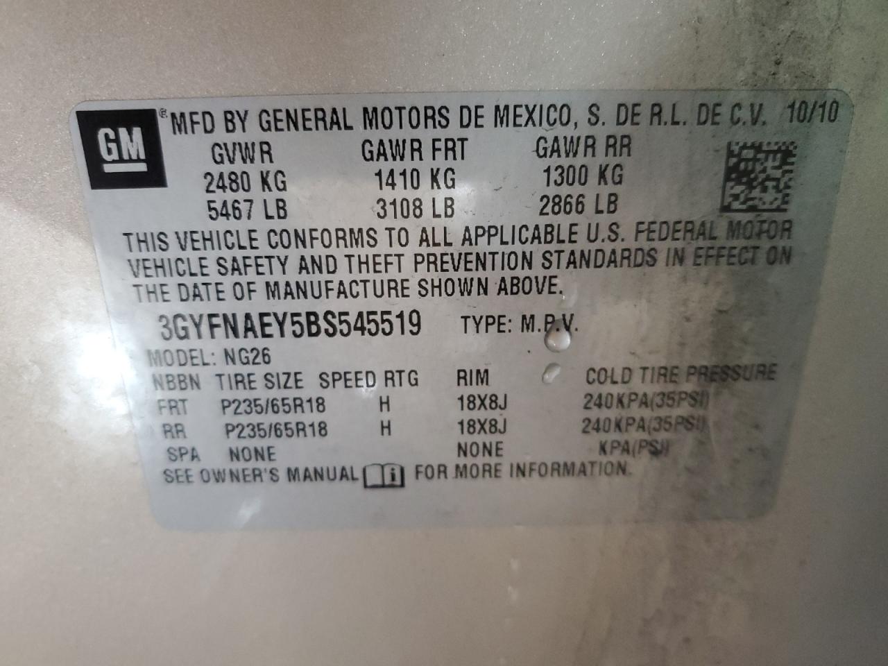2011 Cadillac SRX VIN 3GYFNAEY5BS545519 Copart auction photo, front end damage thumbnail 15