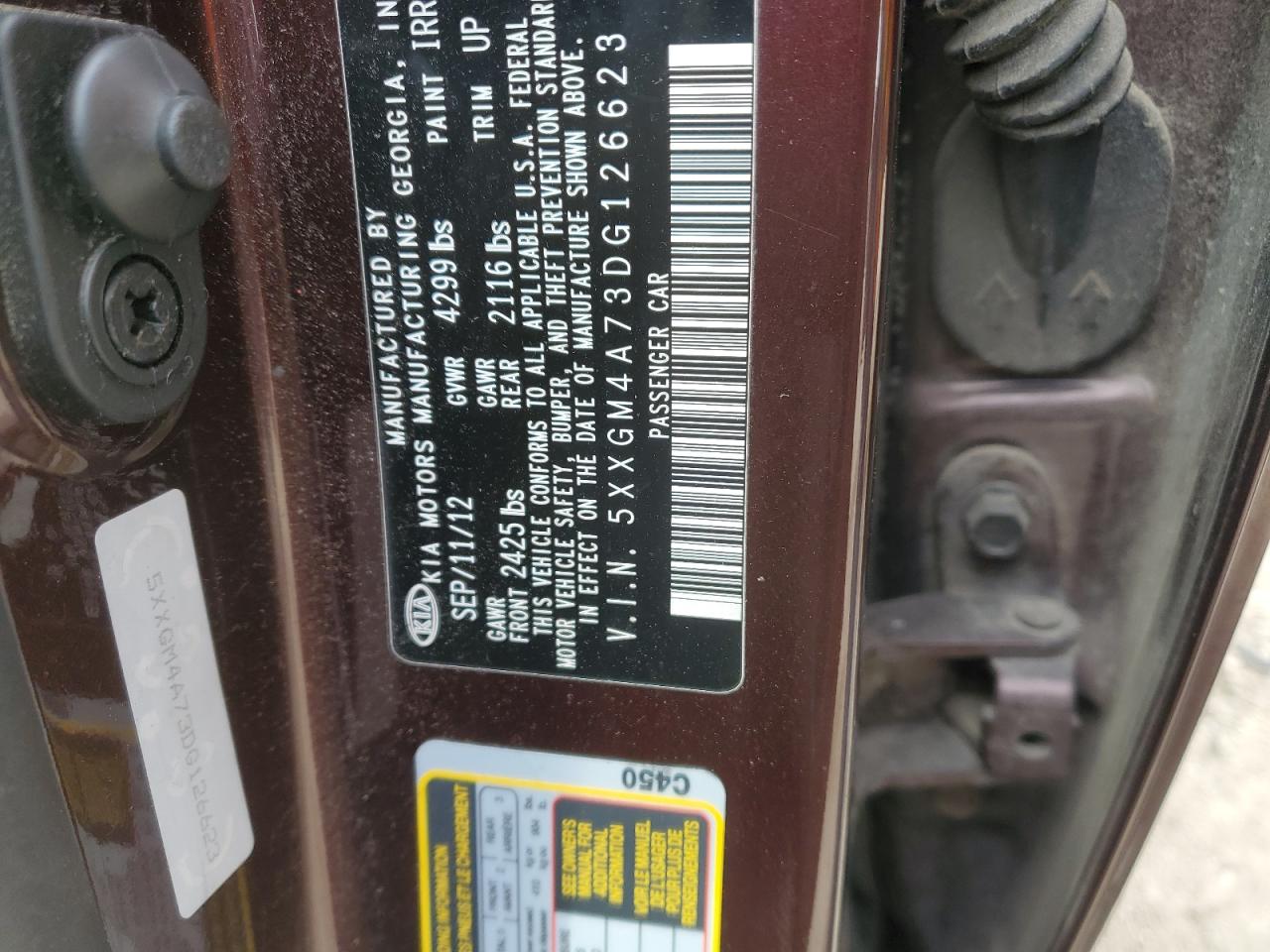 2013 KIA Optima VIN 5XXGM4A73DG126623 Copart auction photo, front end damage thumbnail 13