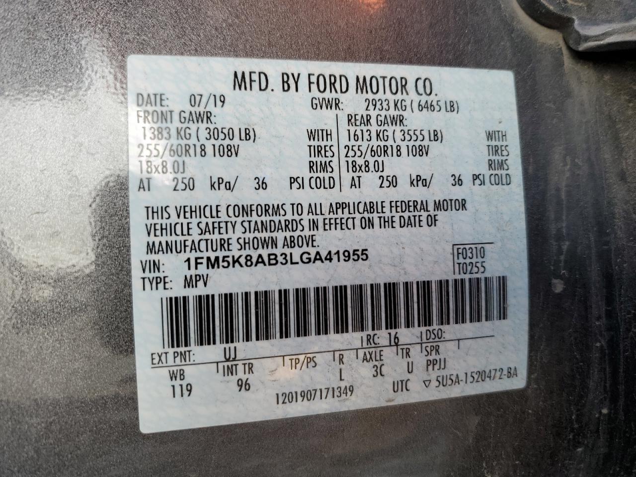 2020 Ford Explorer VIN 1FM5K8AB3LGA41955 Copart auction photo, side / minor dent/scratches damage thumbnail 13