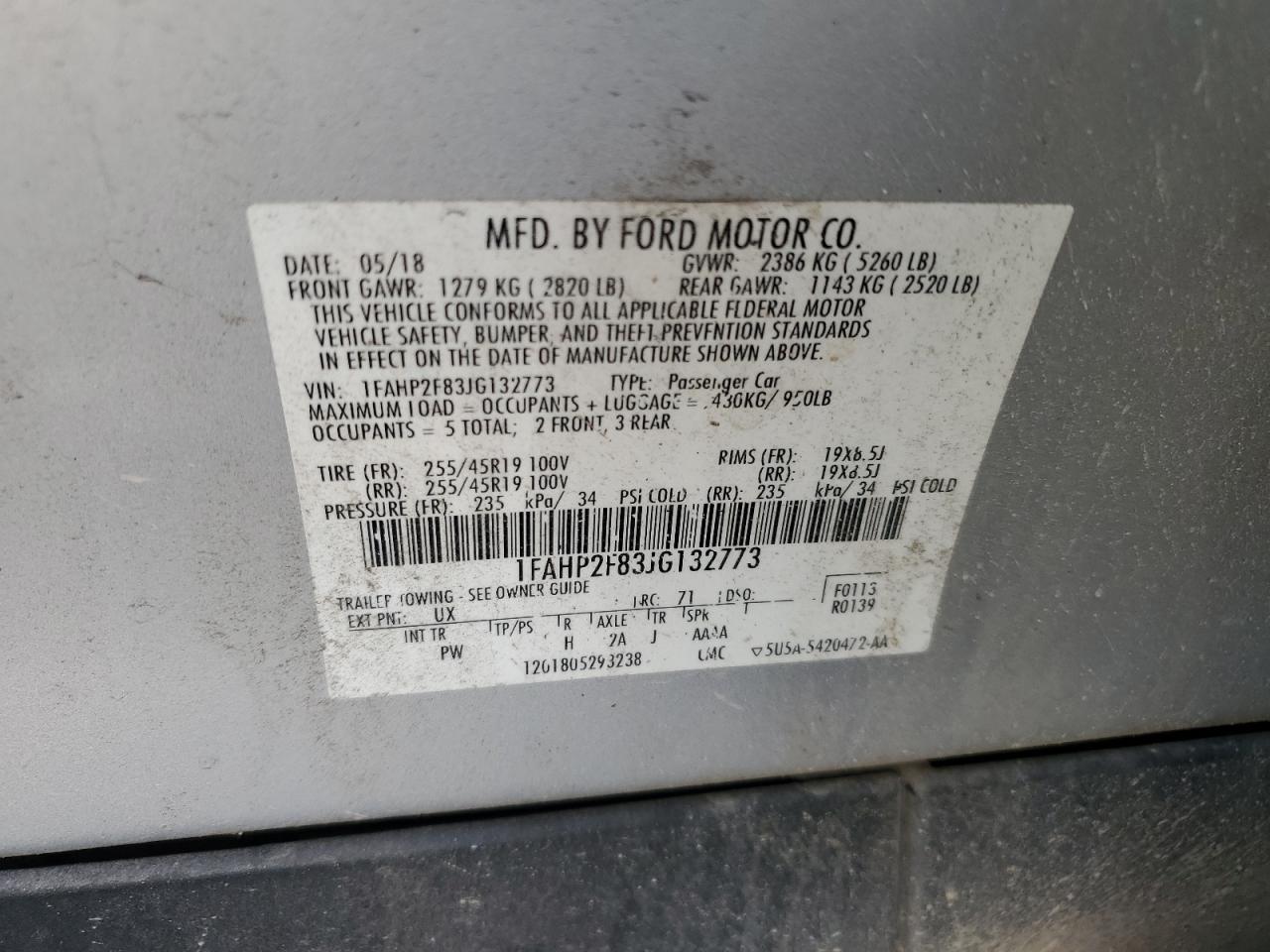 2018 Ford Taurus VIN 1FAHP2F83JG132773 Copart auction photo, front end / side damage thumbnail 12
