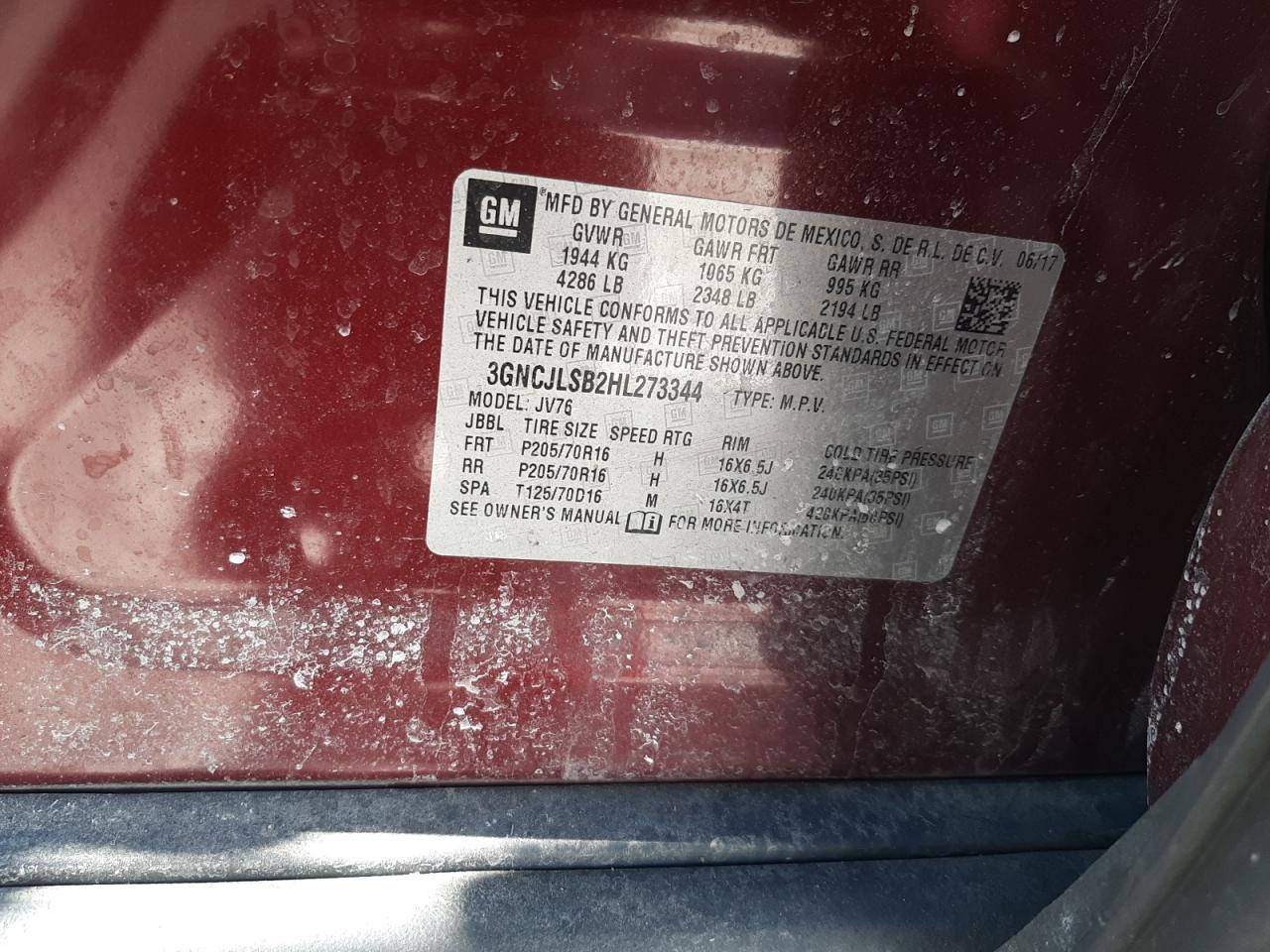 2017 Chevrolet Trax VIN 3GNCJLSB2HL273344 Copart auction photo, front end / mechanical damage thumbnail 13