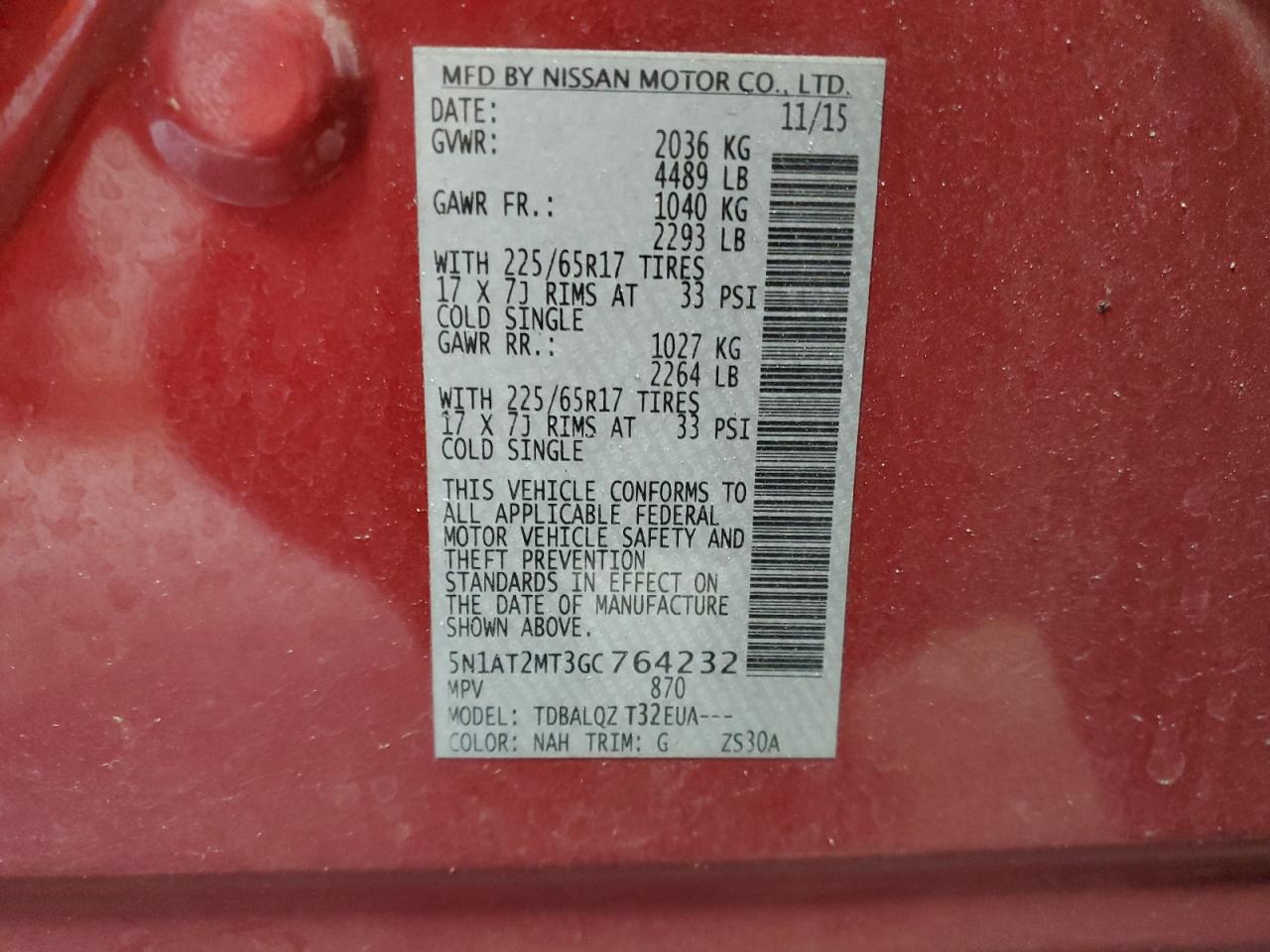 2016 Nissan Rogue VIN 5N1AT2MT3GC764232 Copart auction photo, front end damage thumbnail 13