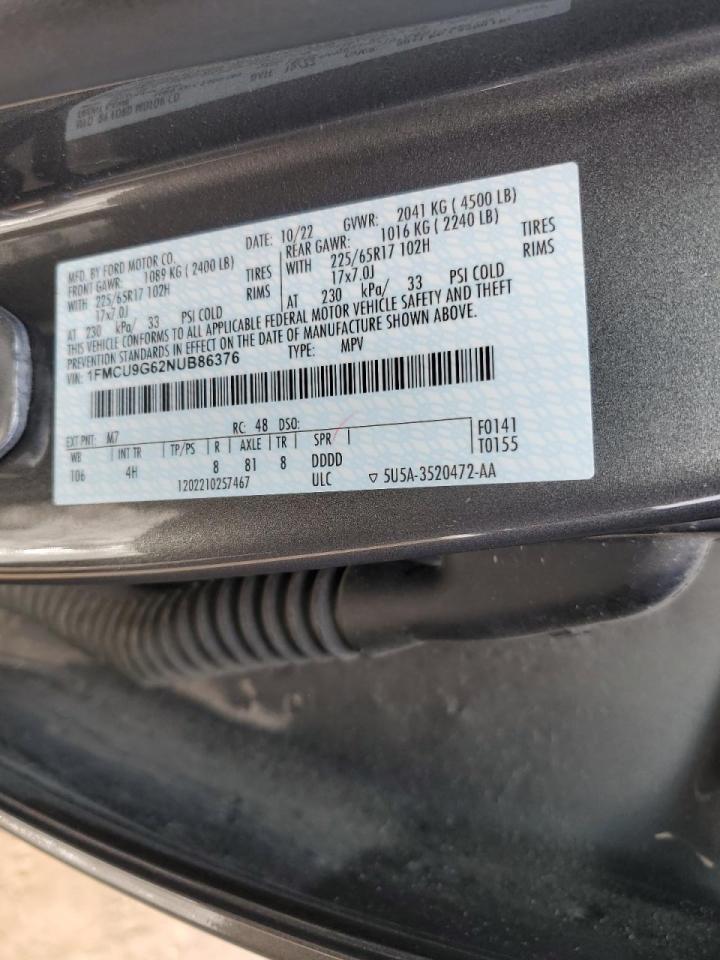 2022 Ford Escape VIN 1FMCU9G62NUB86376 Copart auction photo, front end / minor dent/scratches damage thumbnail 14