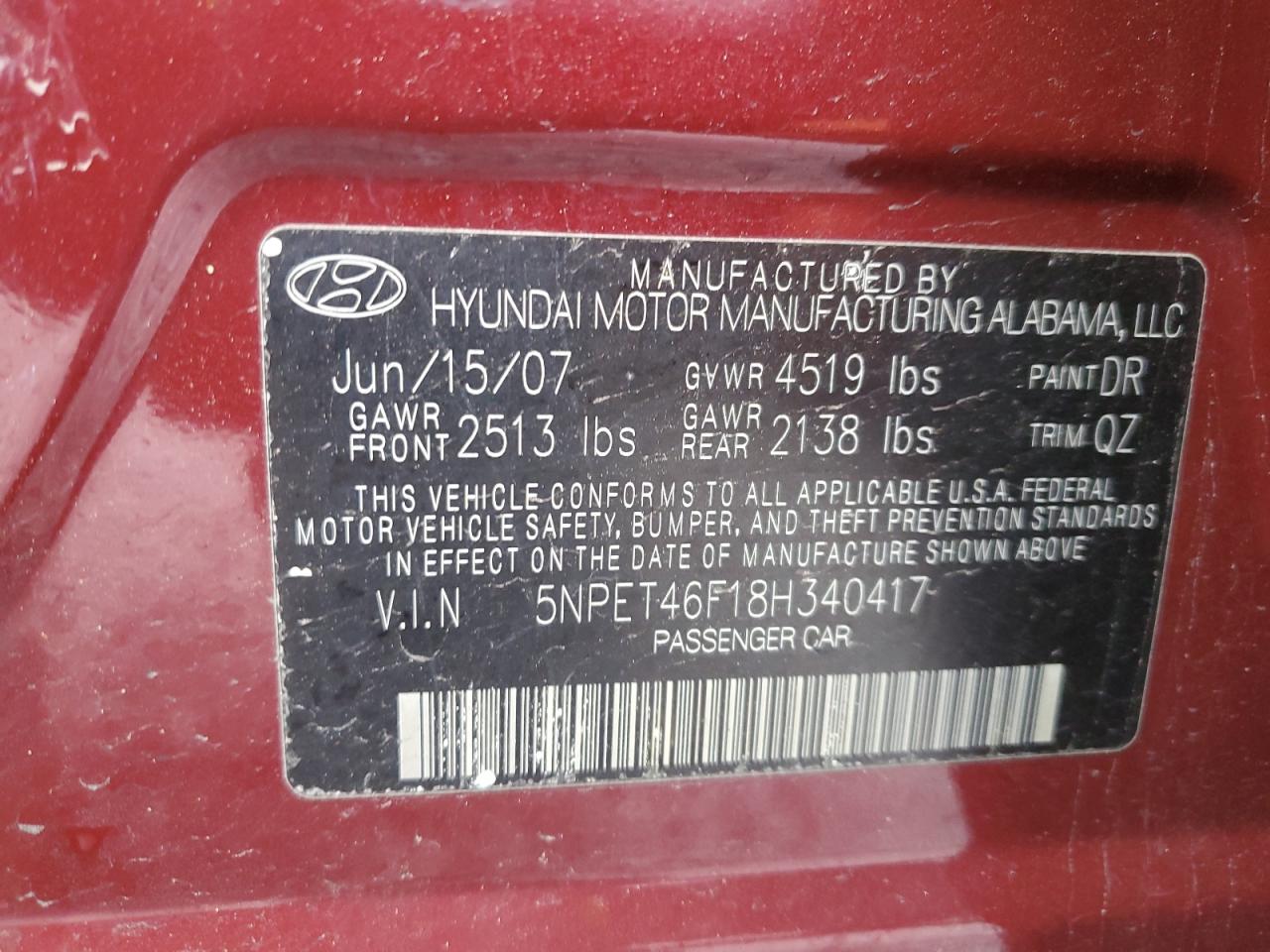 2008 Hyundai Sonata VIN 5NPET46F18H340417 Copart auction photo, front end / rear end damage thumbnail 12
