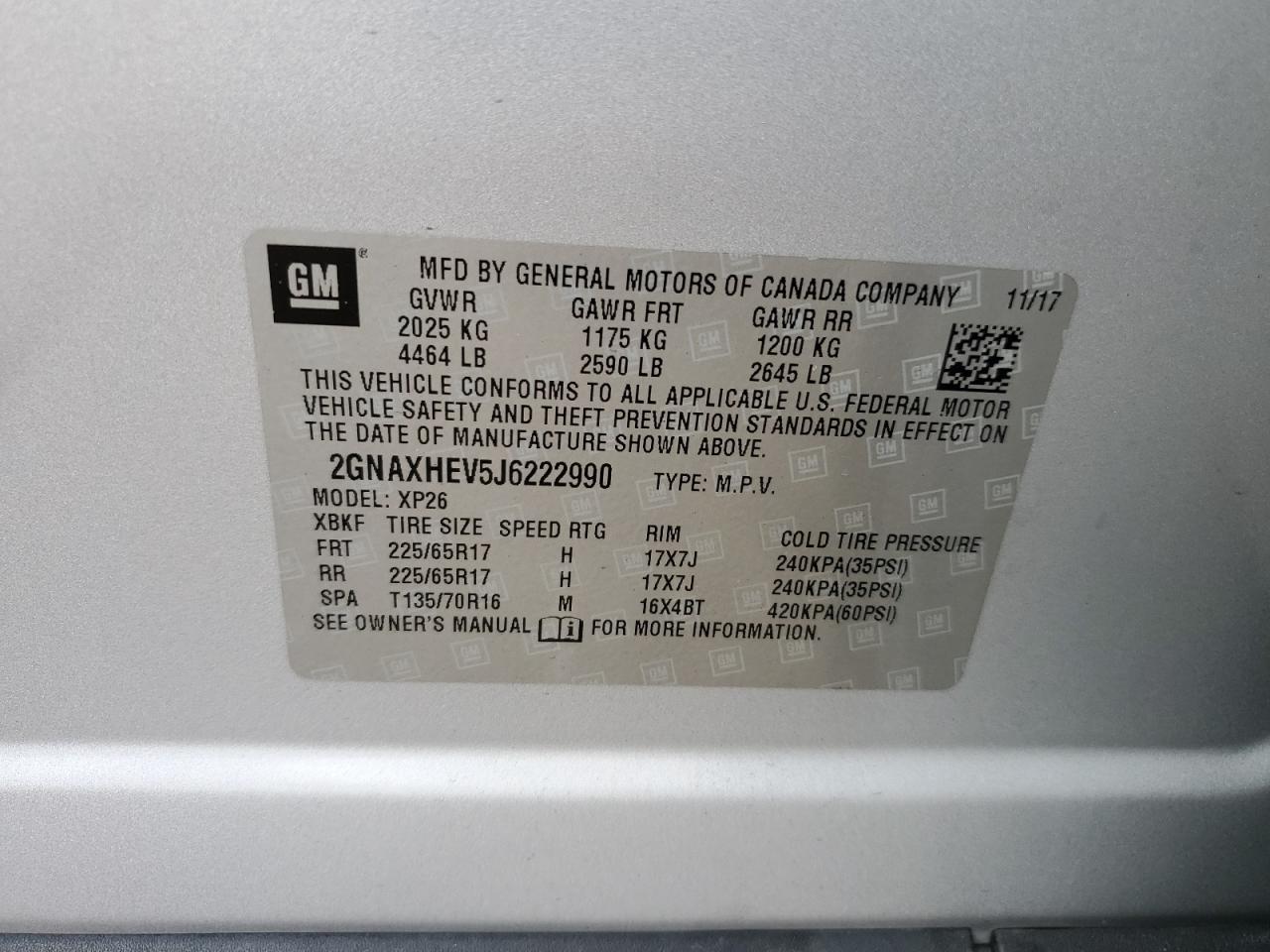 2018 Chevrolet Equinox VIN 2GNAXHEV5J6222990 Copart auction photo, front end damage thumbnail 13