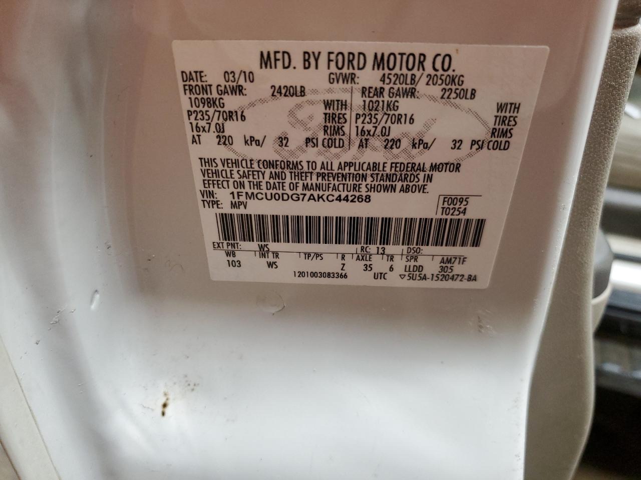 2010 Ford Escape VIN 1FMCU0DG7AKC44268 Copart auction photo, front end damage thumbnail 15