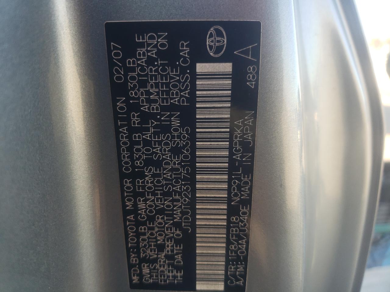 2007 Toyota Yaris VIN JTDJT923175106395 Copart auction photo, minor dent/scratches damage thumbnail 12