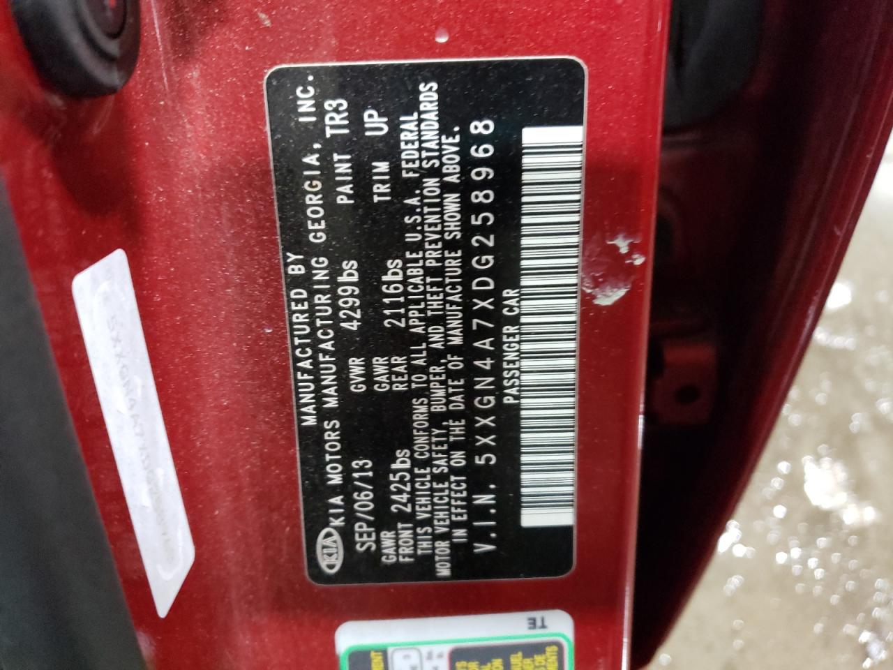 2013 KIA Optima VIN 5XXGN4A7XDG258968 Copart auction photo, rear end damage thumbnail 13