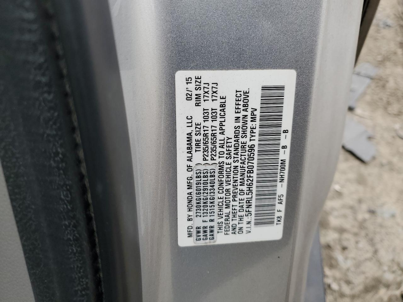 2015 Honda Odyssey VIN 5FNRL5H62FB070596 Copart auction photo, side damage thumbnail 13