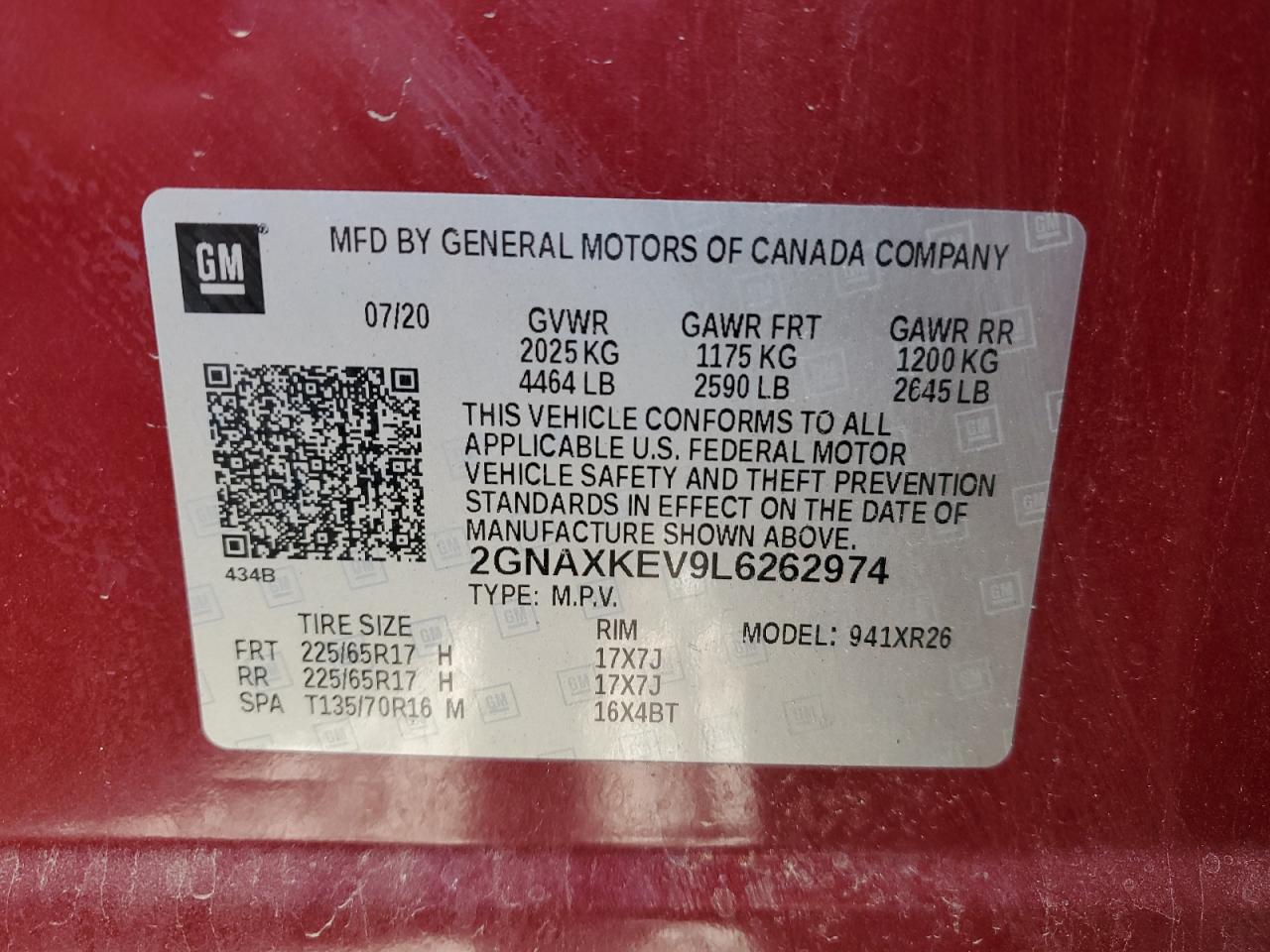 2020 Chevrolet Equinox VIN 2GNAXKEV9L6262974 Copart auction photo, rear end damage thumbnail 15