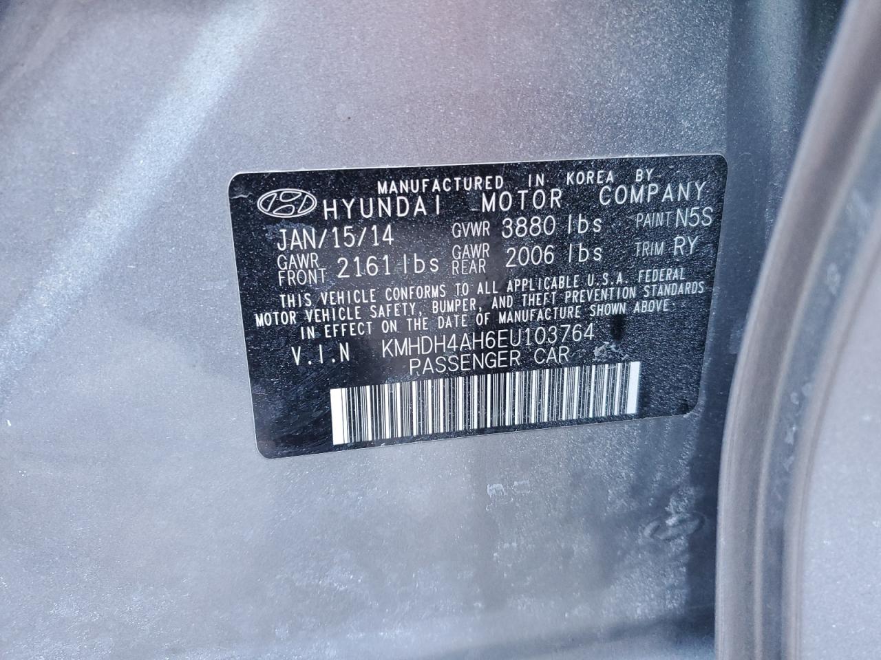 2014 Hyundai Elantra VIN KMHDH4AH6EU103764 Copart auction photo, front end damage thumbnail 12