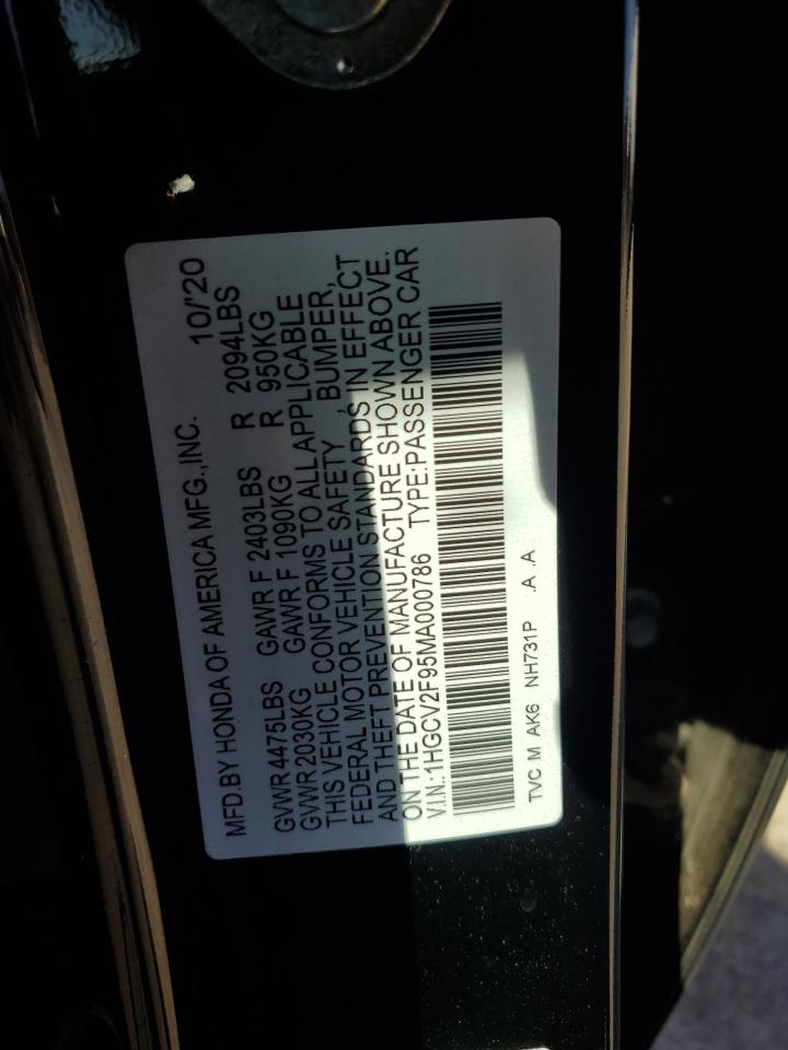 2021 Honda Accord VIN 1HGCV2F95MA000786 Copart auction photo, front end damage thumbnail 12