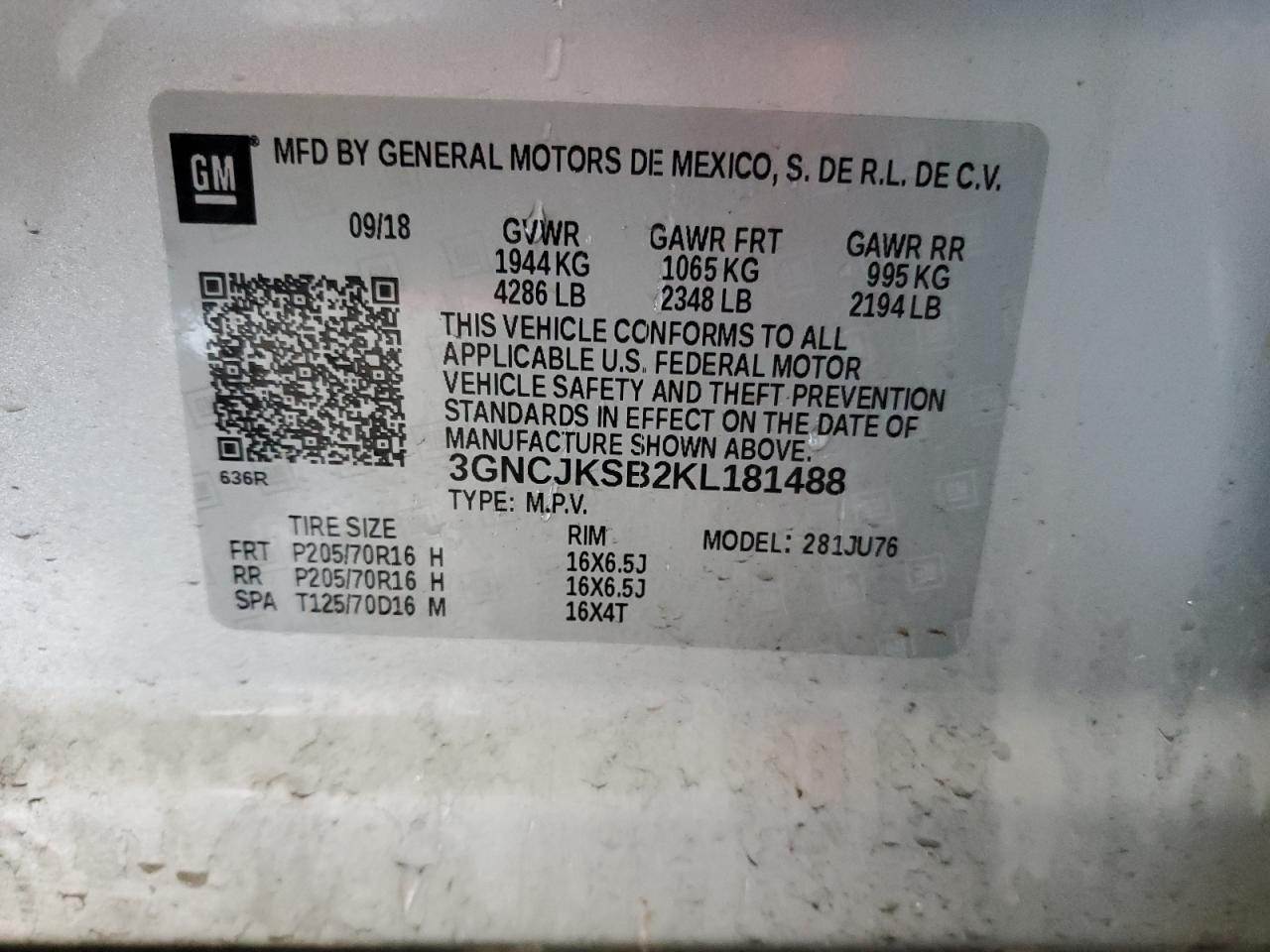 2019 Chevrolet Trax VIN 3GNCJKSB2KL181488 Copart auction photo, front end damage thumbnail 13