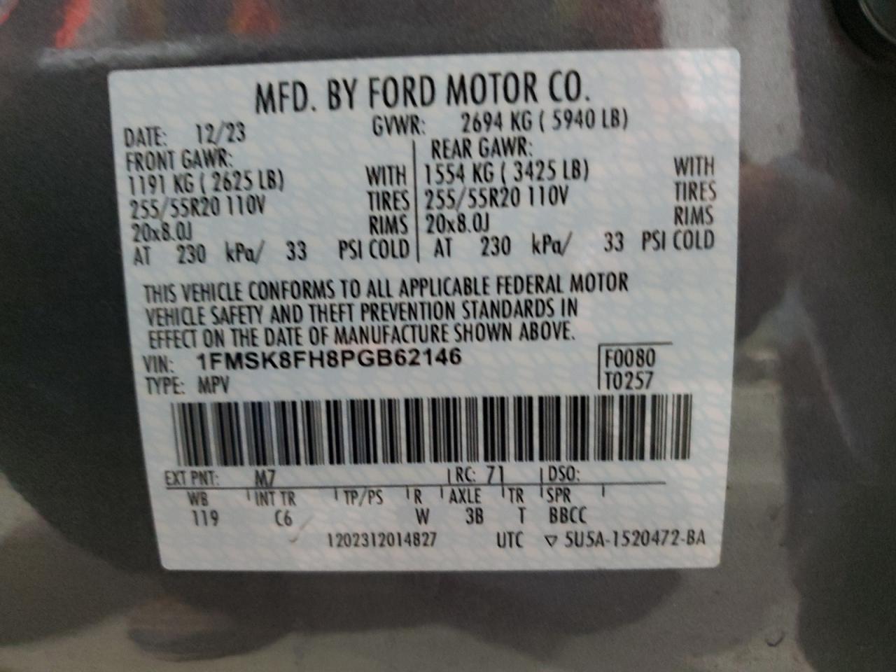 2023 Ford Explorer VIN 1FMSK8FH8PGB62146 Copart auction photo, front end damage thumbnail 14