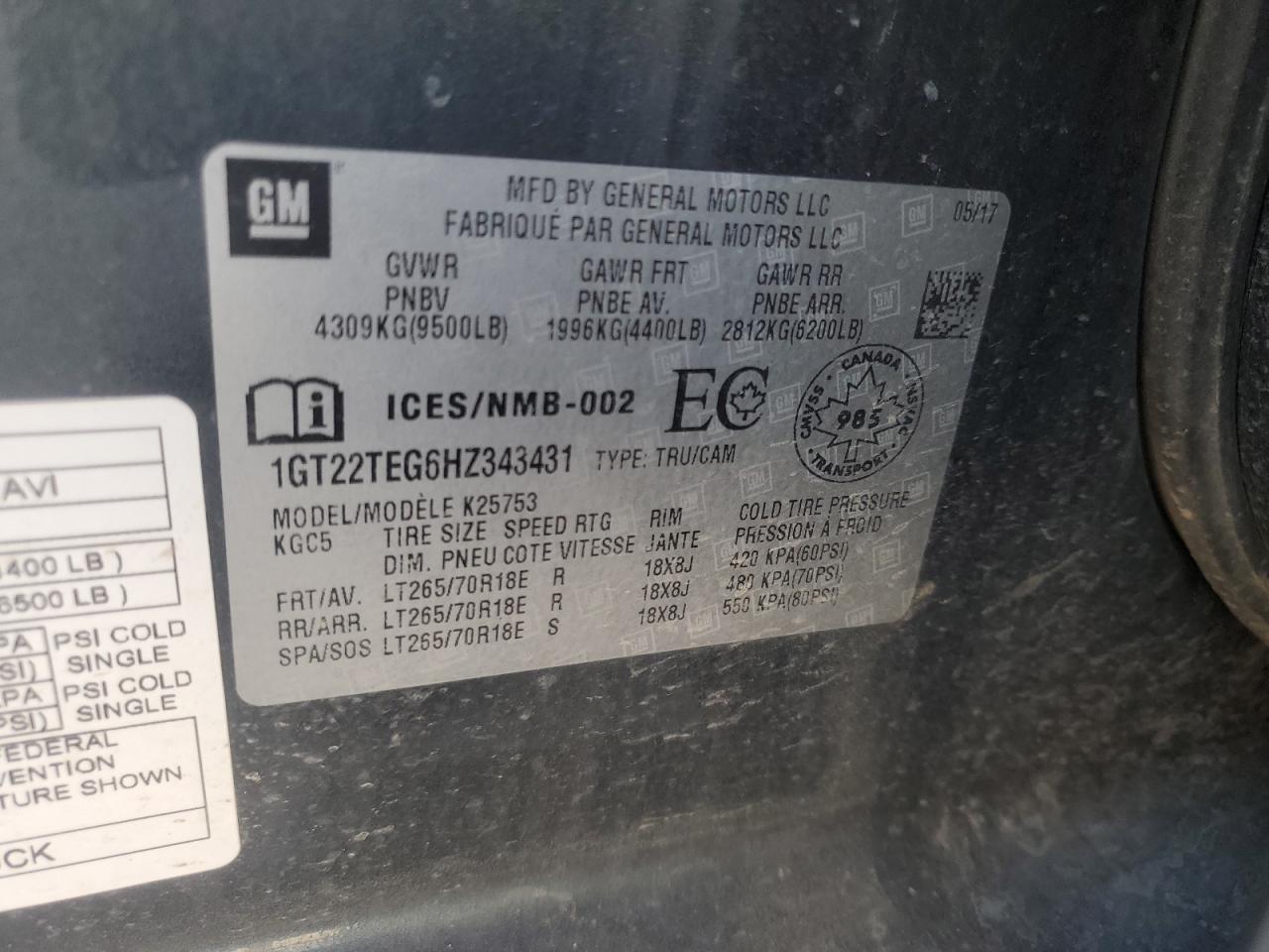 2017 GMC Sierra VIN 1GT22TEG6HZ343431 Copart auction photo, rear end damage thumbnail 13