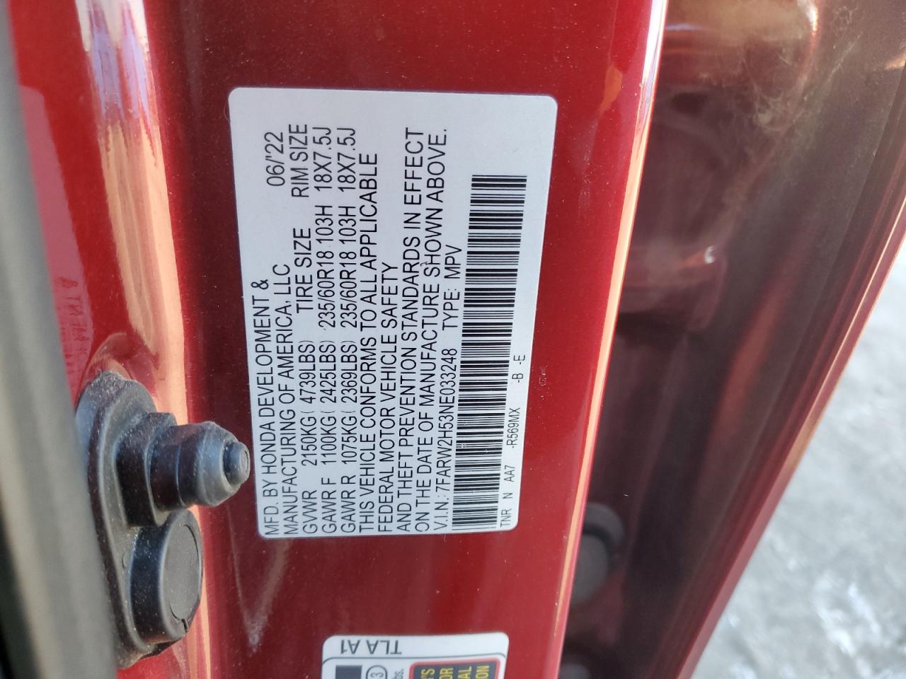 2022 Honda CR-V VIN 7FARW2H53NE033248 Copart auction photo, rear end / front end damage thumbnail 13