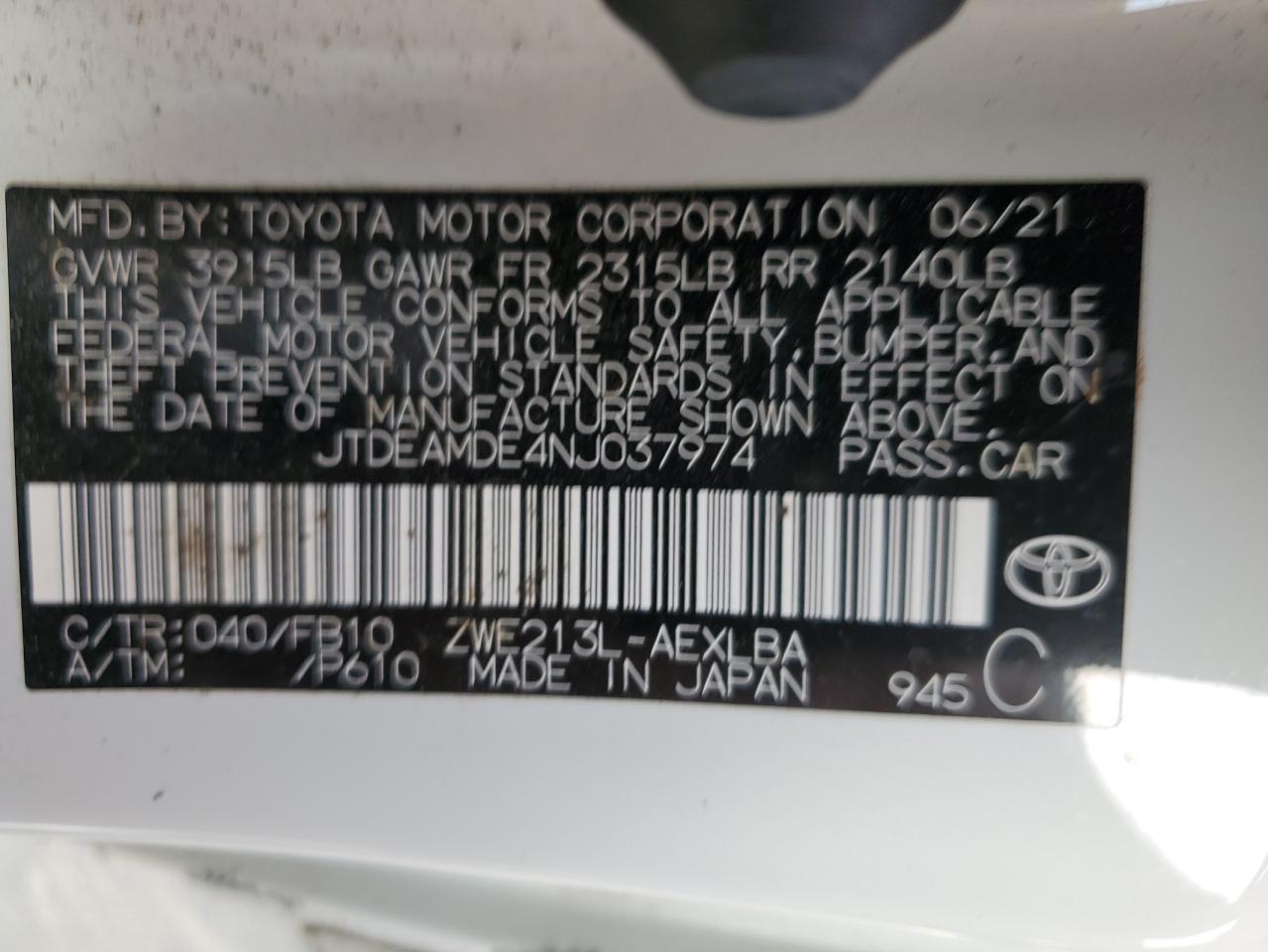 2022 Toyota Corolla VIN JTDEAMDE4NJ037974 Copart auction photo, all over damage thumbnail 15