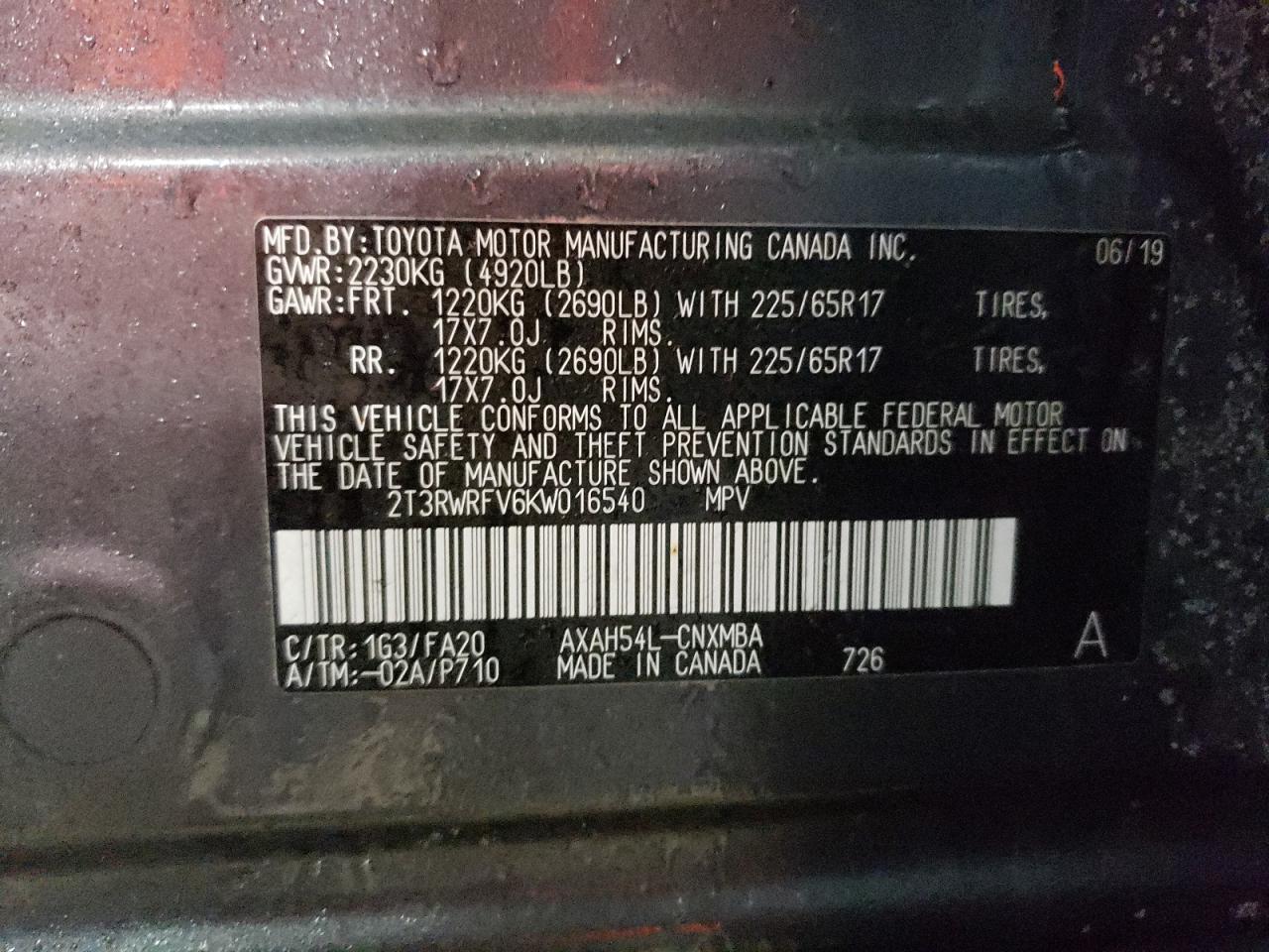 2019 Toyota RAV 4 VIN 2T3RWRFV6KW016540 Copart auction photo, rear end damage thumbnail 12
