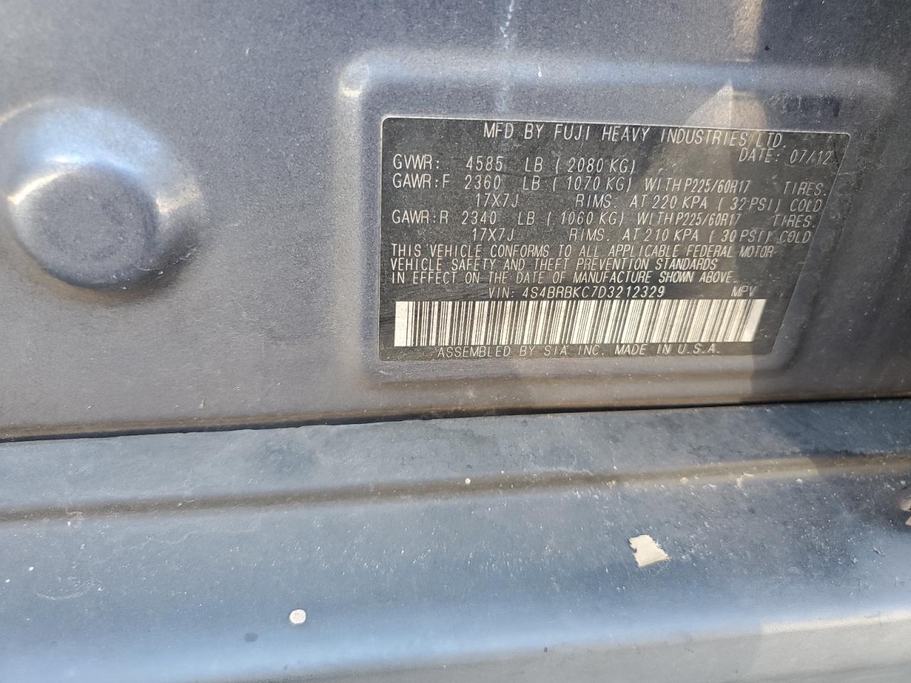 2013 Subaru Outback VIN 4S4BRBKC7D3212329 Copart auction photo, water/flood damage thumbnail 14
