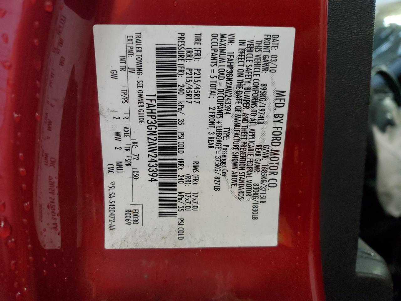2010 Ford Focus VIN 1FAHP3GN2AW243394 Copart auction photo, front end / minor dent/scratches damage thumbnail 12