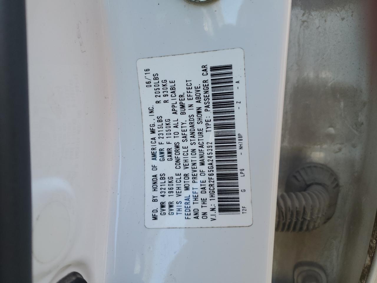 2016 Honda Accord VIN 1HGCR2F65GA245392 Copart auction photo, front end damage thumbnail 12