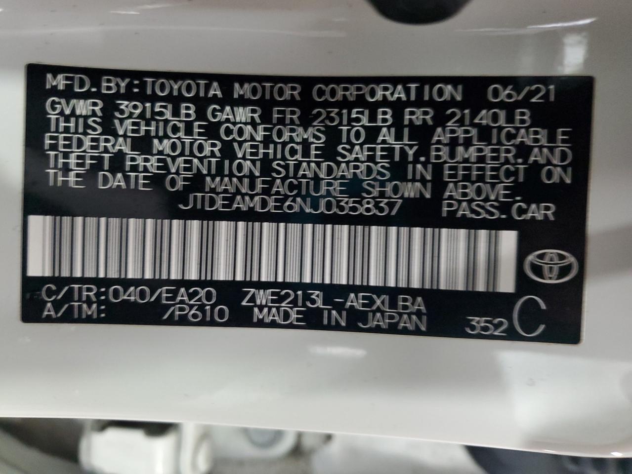 2022 Toyota Corolla VIN JTDEAMDE6NJ035837 Copart auction photo, front end / rear end damage thumbnail 13