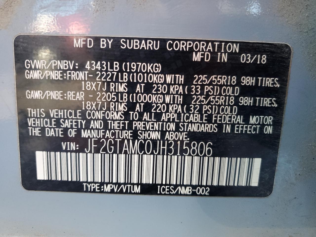 2018 Subaru XV VIN JF2GTAMC0JH315806 Copart auction photo, front end damage thumbnail 16