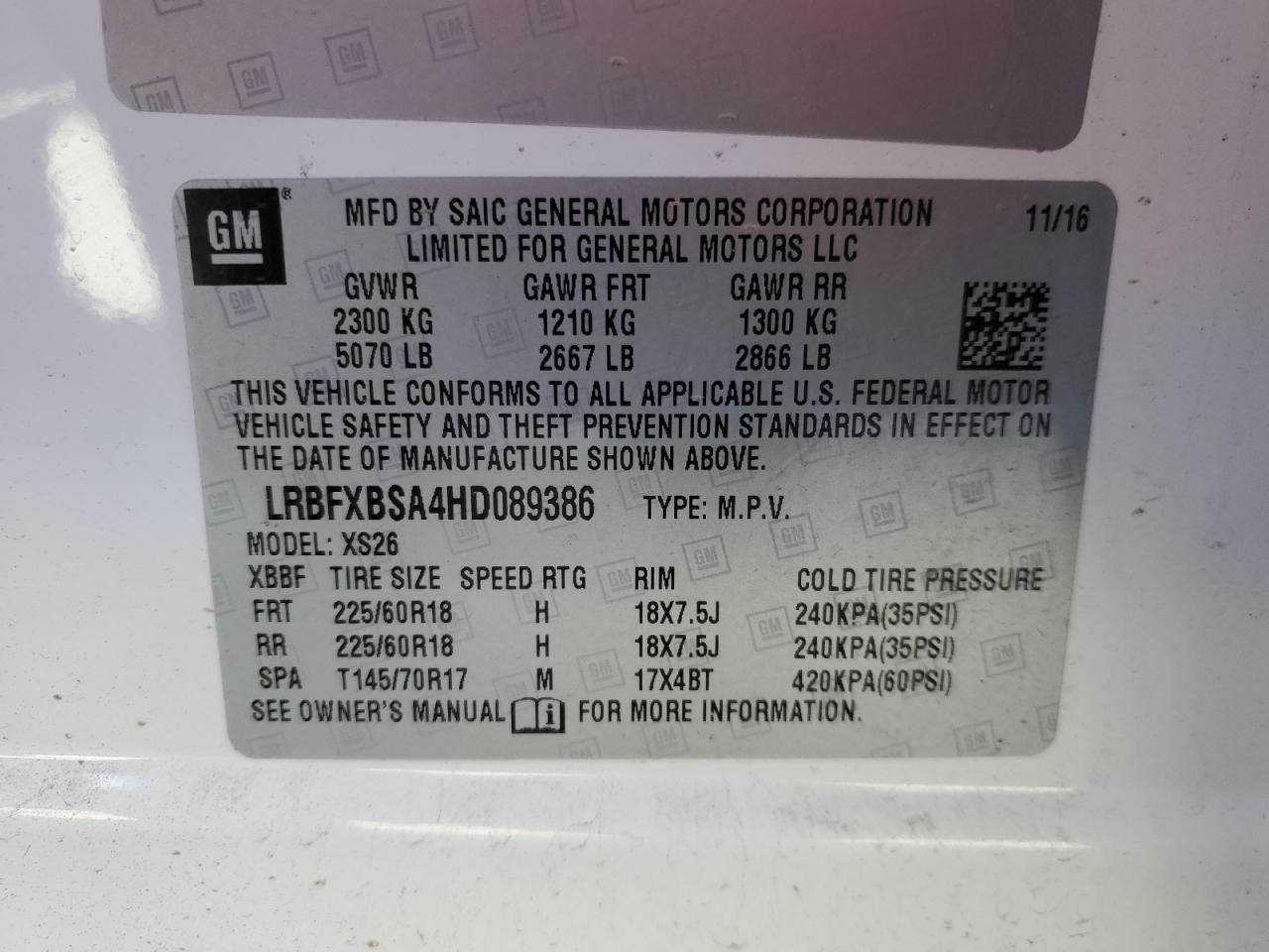 2017 Buick Envision VIN LRBFXBSA4HD089386 Copart auction photo, front end damage thumbnail 12