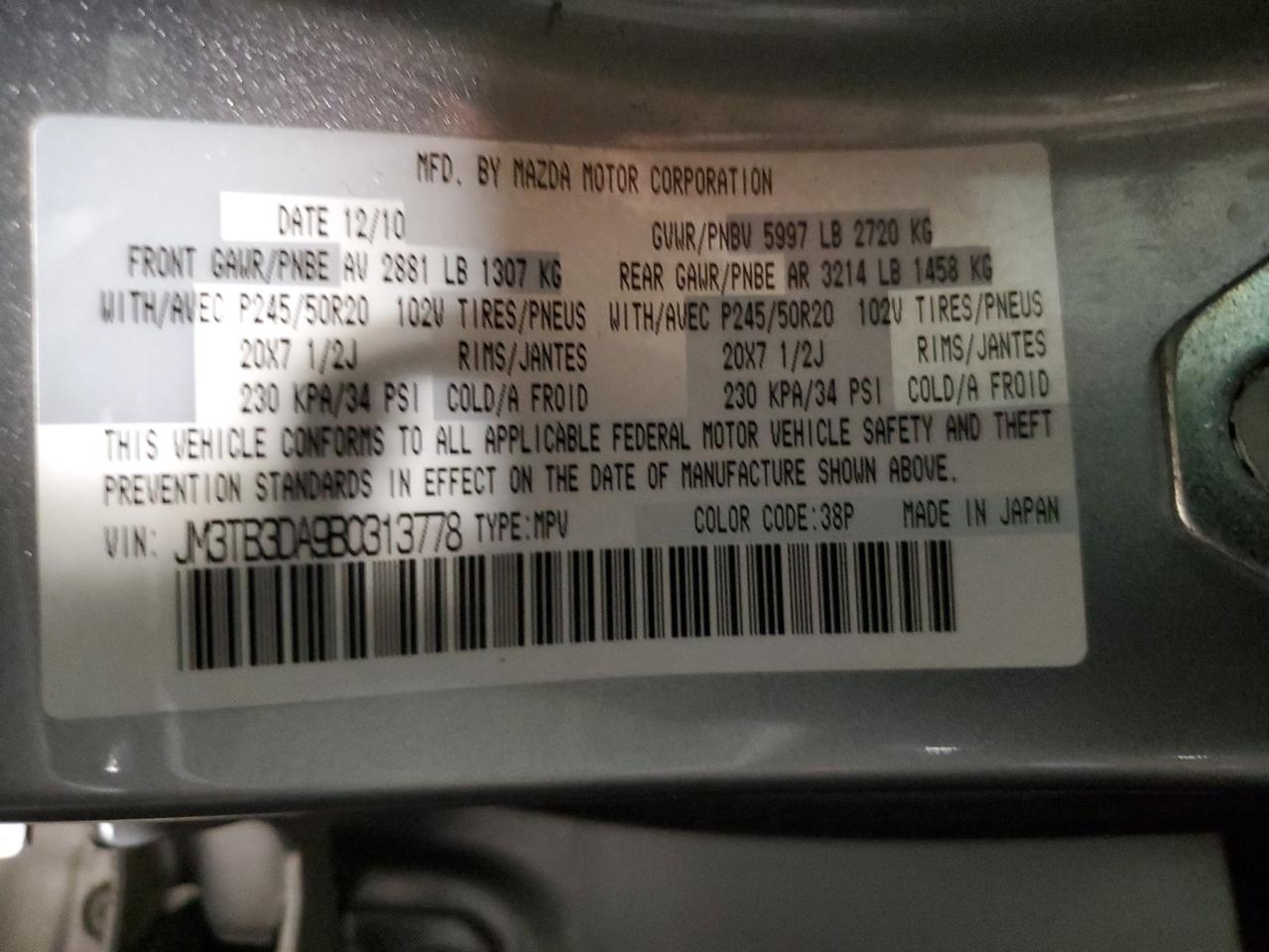 2011 Mazda CX-9 VIN JM3TB3DA9B0313778 Copart auction photo, all over / undercarriage damage thumbnail 14