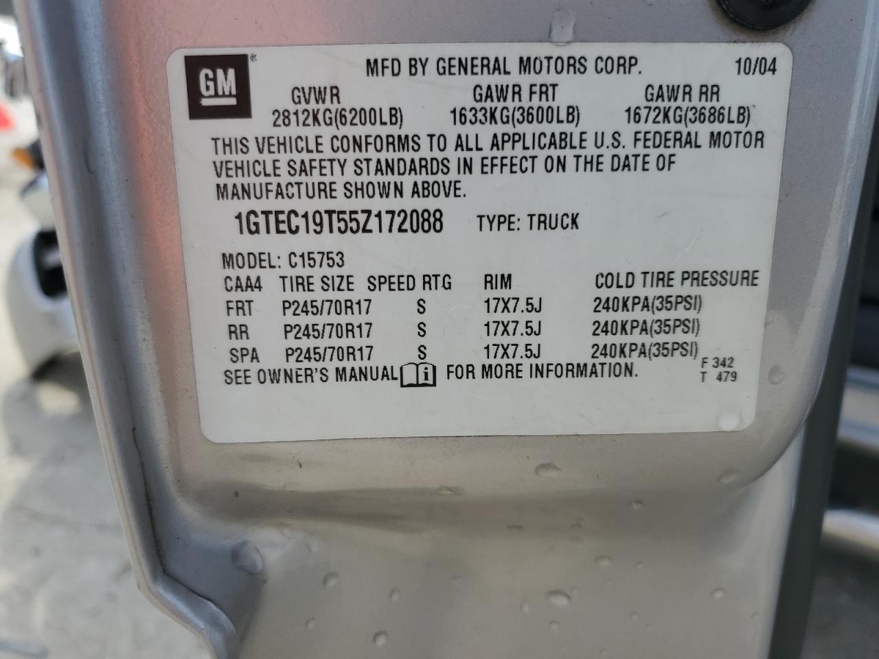 2005 GMC Sierra VIN 1GTEC19T55Z172088 Copart auction photo, rear end / front end damage thumbnail 13