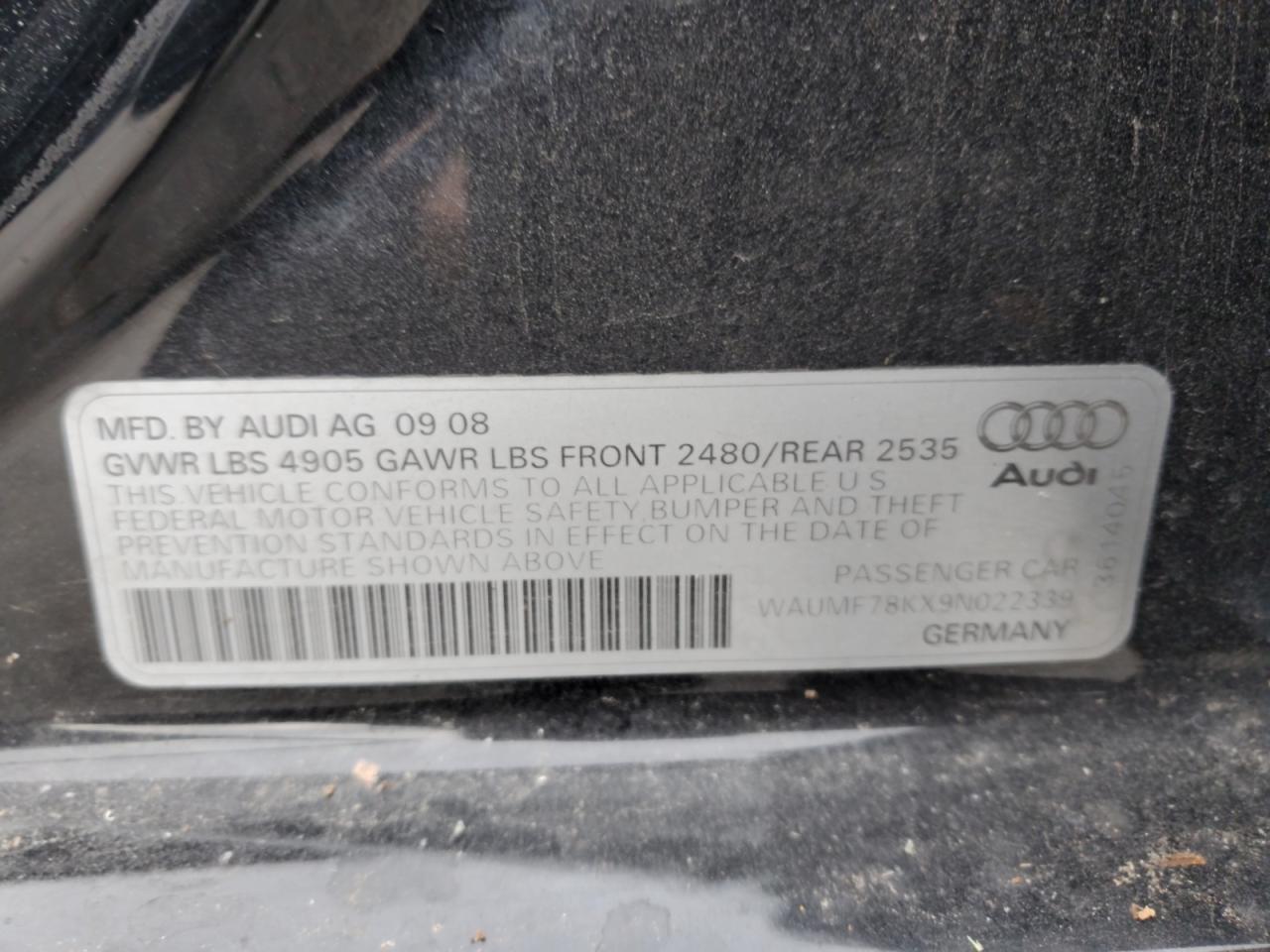 2009 Audi A4 VIN WAUMF78KX9N022339 Copart auction photo, top/roof damage thumbnail 13