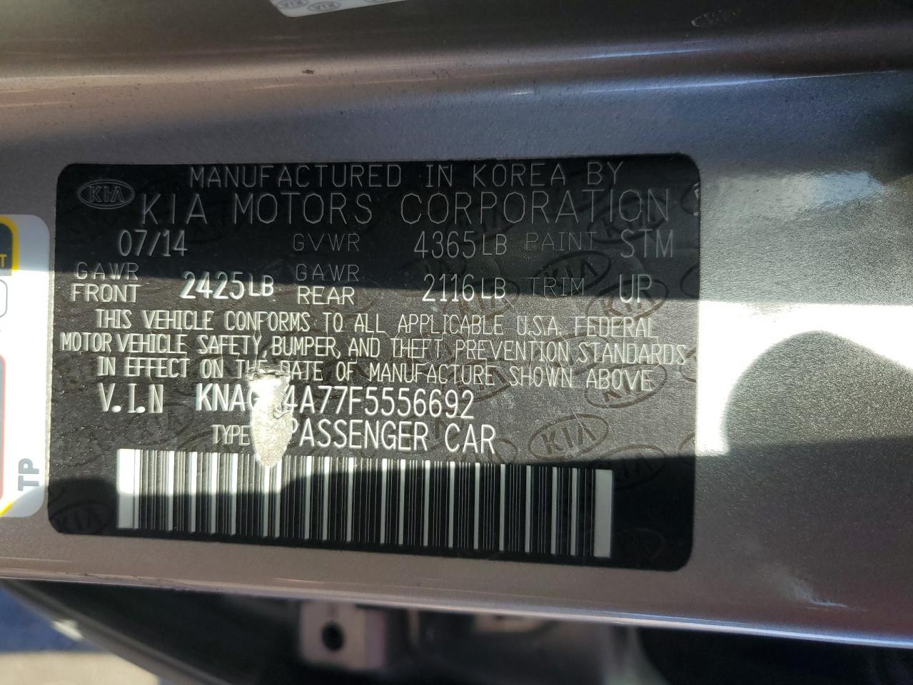 2015 KIA Optima VIN KNAGM4A77F5556692 Copart auction photo, front end / rear end damage thumbnail 14