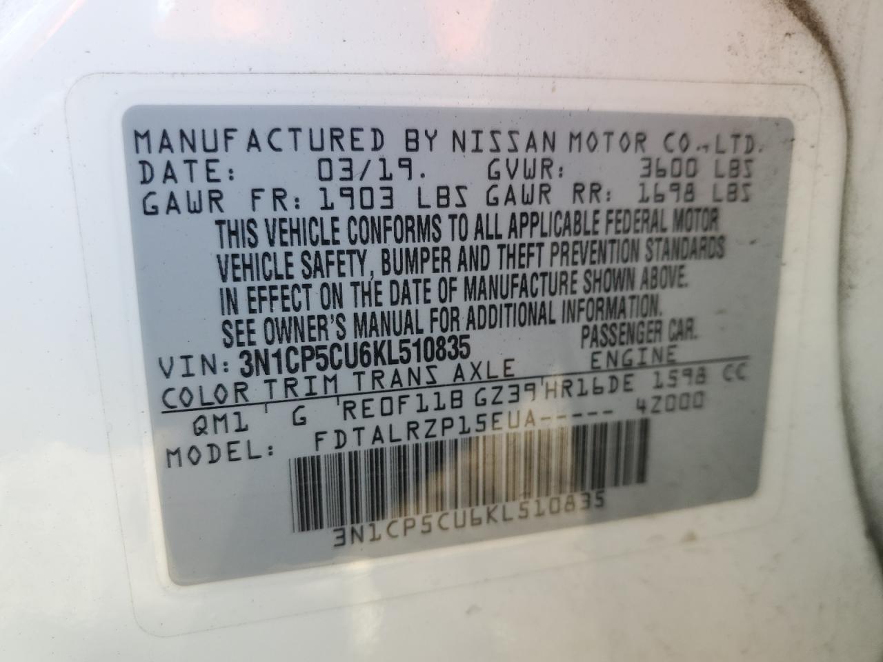 2019 Nissan Kicks VIN 3N1CP5CU6KL510835 Copart auction photo, front end / minor dent/scratches damage thumbnail 13